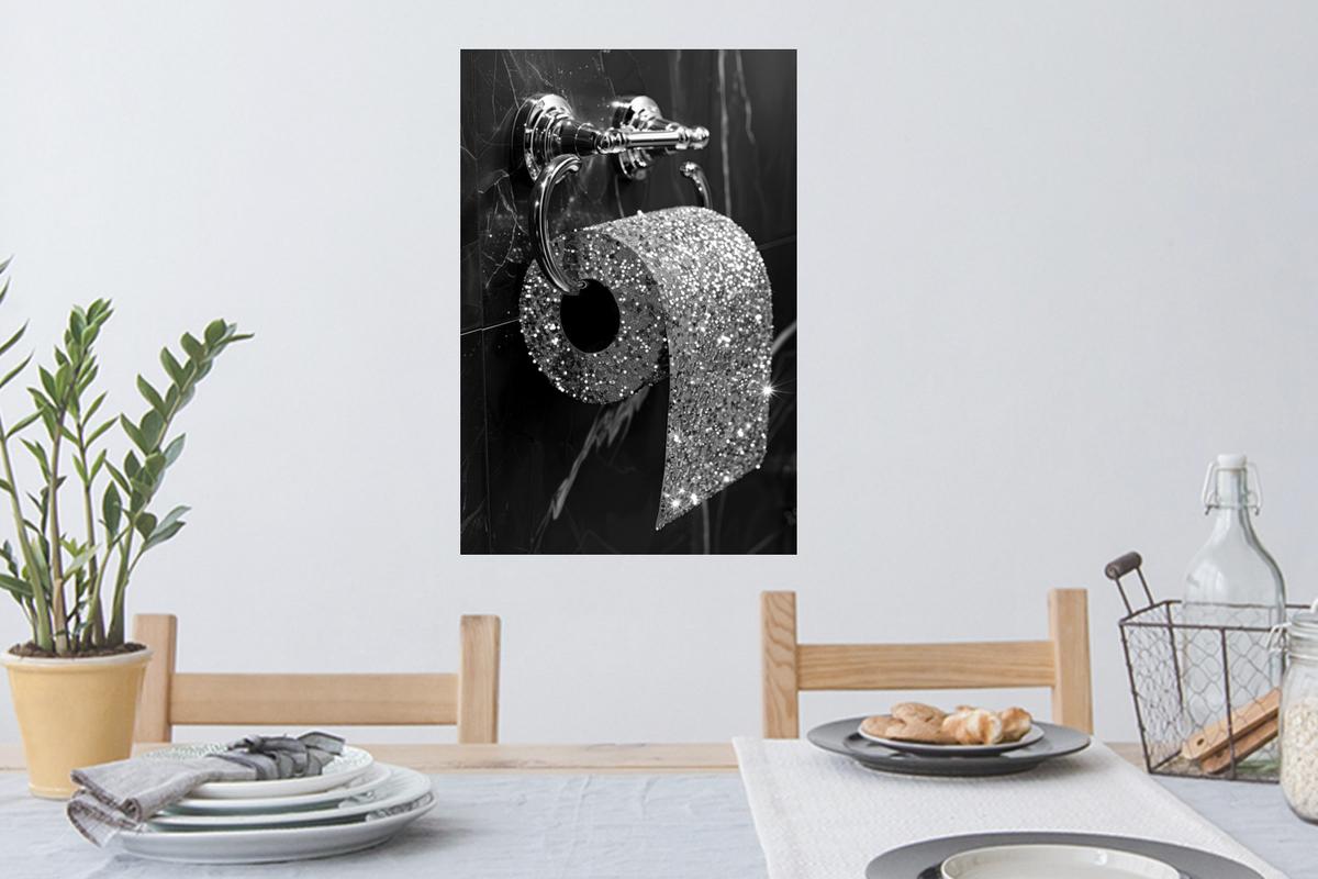 WANDTATTOO WC - Toilettenpapier - Schwarz und weiß - Glitter Wandbild 40x60 cm - Silberfarben, Kunststoff (40/60/0.1cm) - MuchoWow
