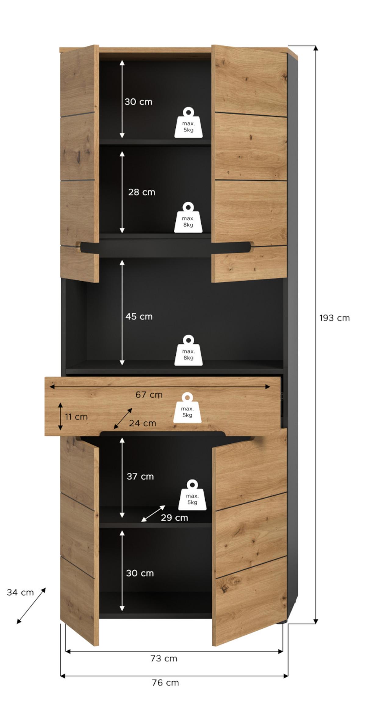 HOCHSCHRANK Eiche, grau 76 x 193 cm, Badschrank mit Soft-Close - Eiche Artisan/Grau, Holz/Holzwerkstoff (76/193/34cm) - Inn.Furn