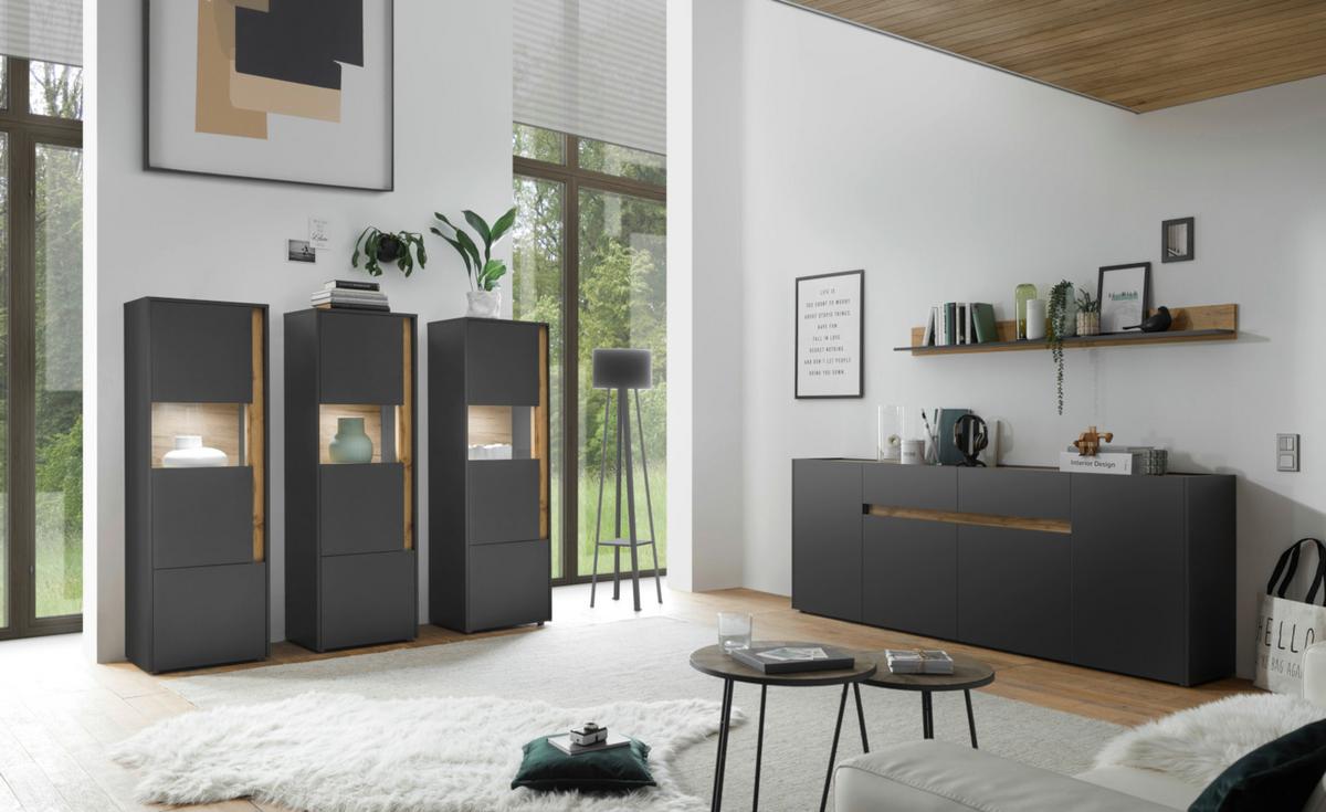 WOHNWAND 3-teilig grau matt, Eiche Wotan 343 cm, Schrankwand mit mit XL-TV-Schrank - Eiche Wotan/Grau, Holz/Holzwerkstoff (360/180/45cm) - Furn.Design
