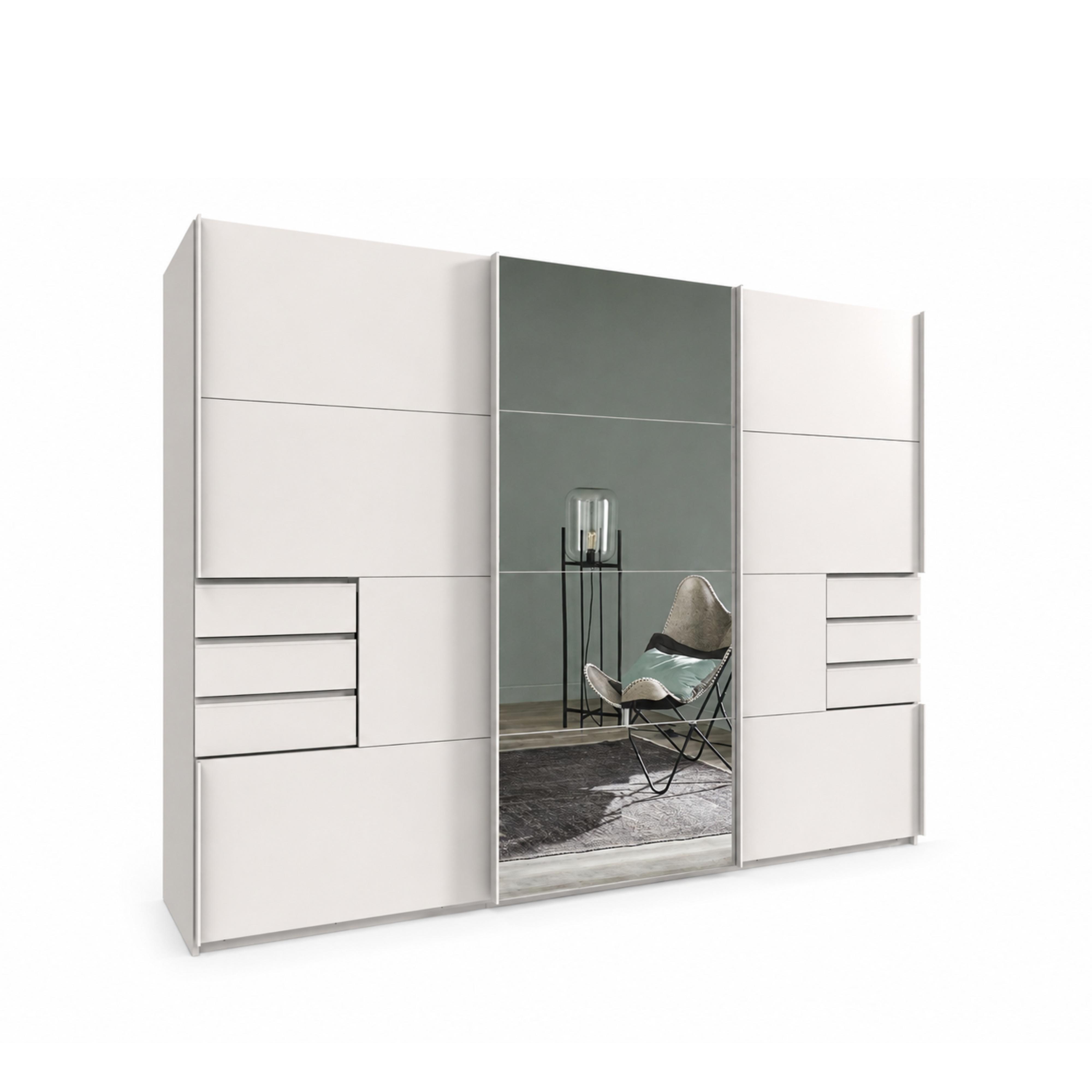 SCHWEBETÜRENSCHRANK 3-türig B270/H208/64 cm, Weiß, eine Spiegeltür, Kleiderschrank mit Schubladen & Vollausstattung / 22613 - Weiß, Holzwerkstoff/Metall (270/208/64cm) - luma-home