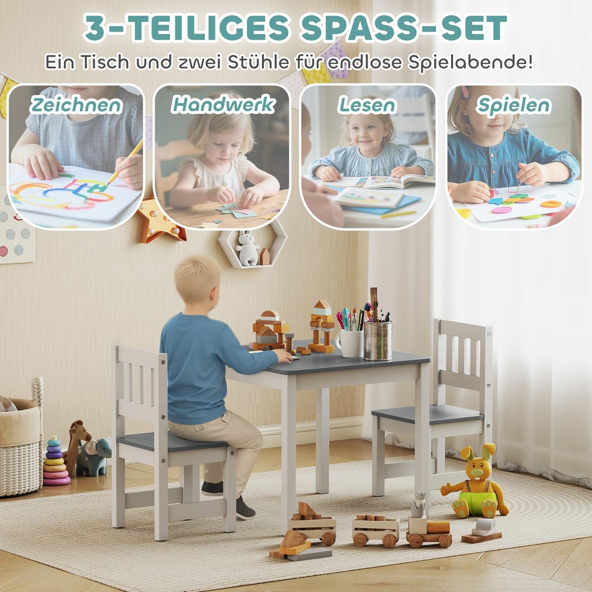 KINDERTISCH mit 2-Stühlen 3er Set MDF Kiefernholz Grau - Grau, Holz (52/48/56cm) - AIYAPLAY