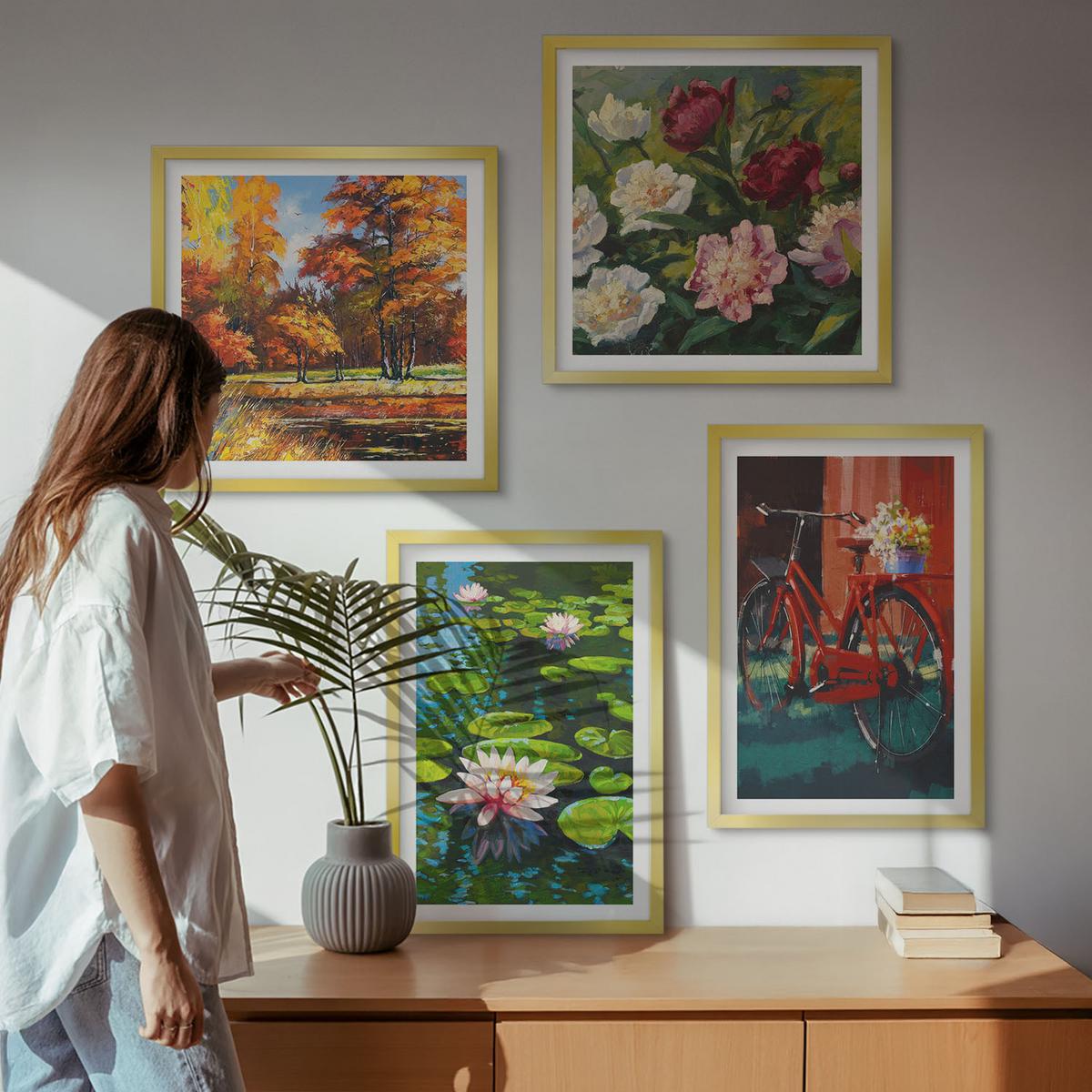 BILDER SET 4er Set - 50x50 cm & 40x60 cm Goldrahmen - Herbstfarben Seerosenteich - Goldfarben, Kunststoff (50/50cm) - TULUP