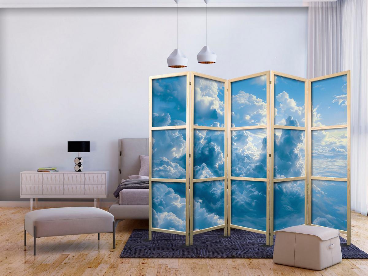 PARAVENT Japanischer 5-tlg 225x172 cm Wolken 3D - Blau, Holz/Textil (225/172/3cm) - Muralo