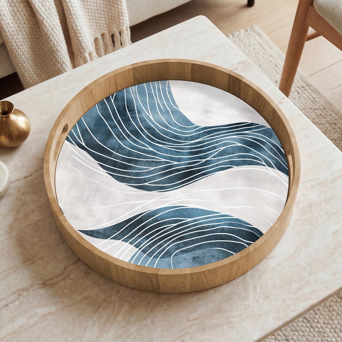 TABLETT Linien - Wellen - Abstrakt - Grau 40x40 cm - Blau, Holz (40/5/5cm) - OnlyWow