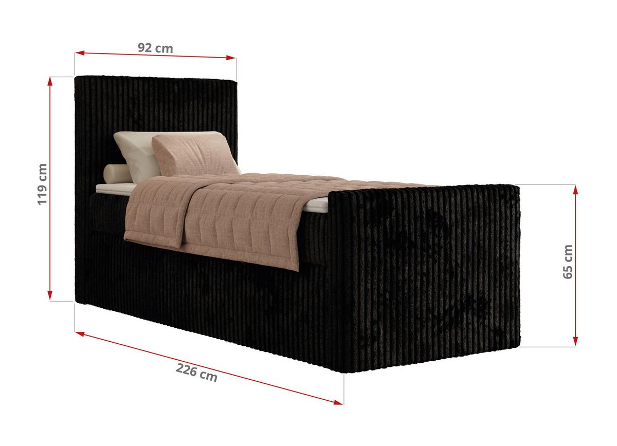 BOXBETT TILIANO DUO 90/200 - Schwarz Cord - H4 - Topper Visco - Links Seite - Schwarz, Textil (200/90cm) - MKS