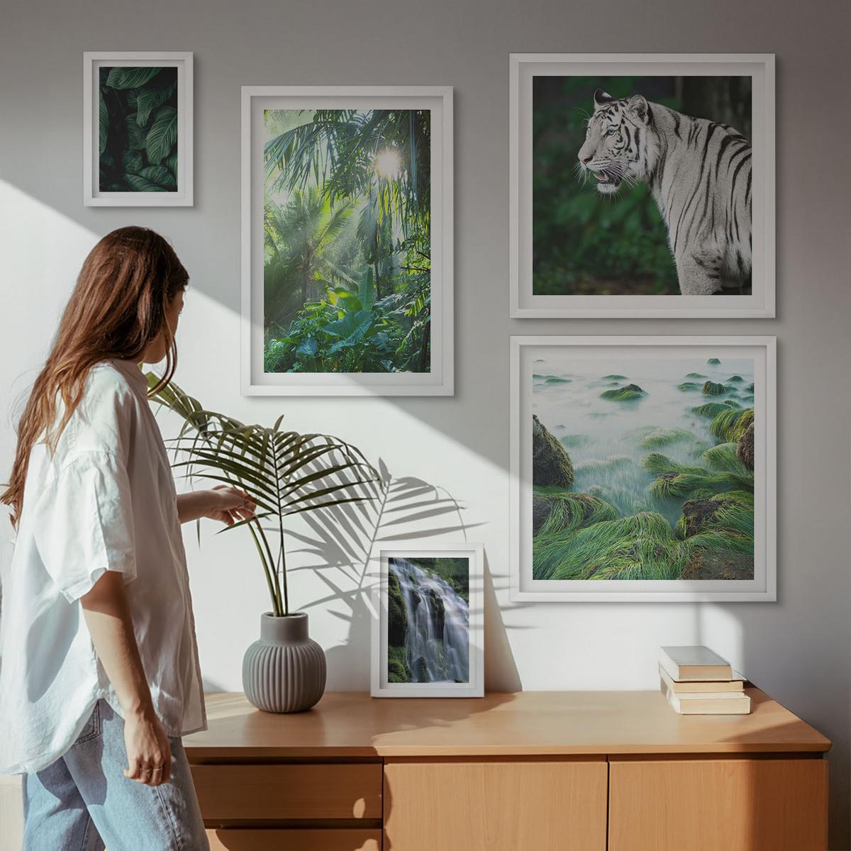 BILDER SET 5er Set - 50x50 cm & 20x30 cm & 40x60 cm Weißer Rahmen - Blätter und Blüten in verschiedenen Farben - Weiß, Kunststoff (40/60cm) - TULUP