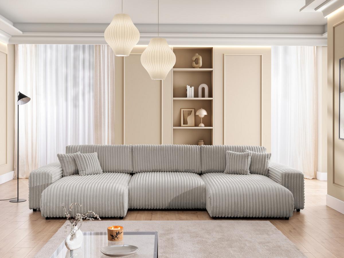 WOHNLANDSCHAFT Mollis Hellgrau Plüschcord mit Schlaffunktion - Hellgrau/Schwarz, Holz/Kunststoff (350/77/168cm) - S-Style Möbel