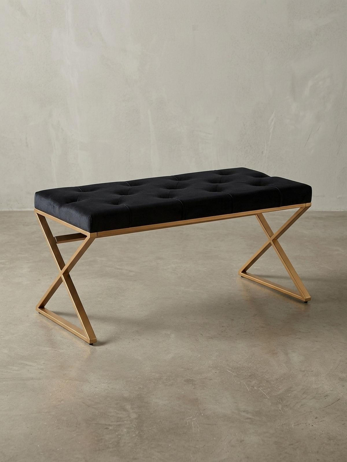 SITZBANK – Samt, Schwarz, Chesterfield-Stil, Metallgestell Gold - Goldfarben/Schwarz, Textil/Metall (90/46/44cm) - KADIMA DESIGN