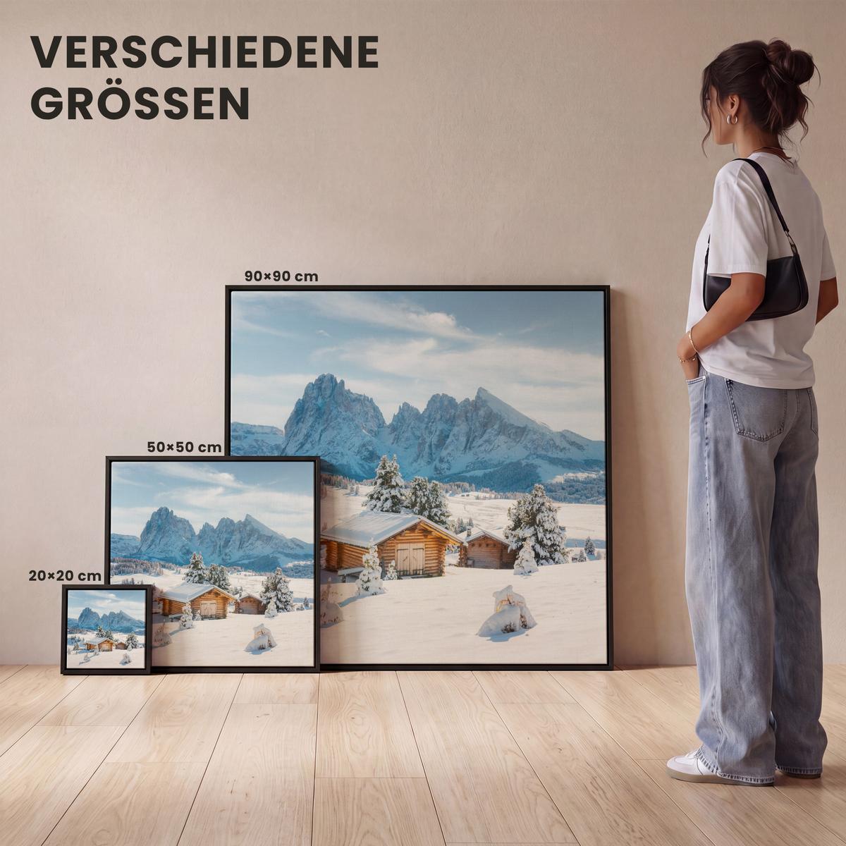 LEINWAND Bilder mit Rahmen - Winter - Hütte - Berge - Aussicht - Schnee - 50x50 - Eichefarben, Textil (50/50cm) - MuchoWow