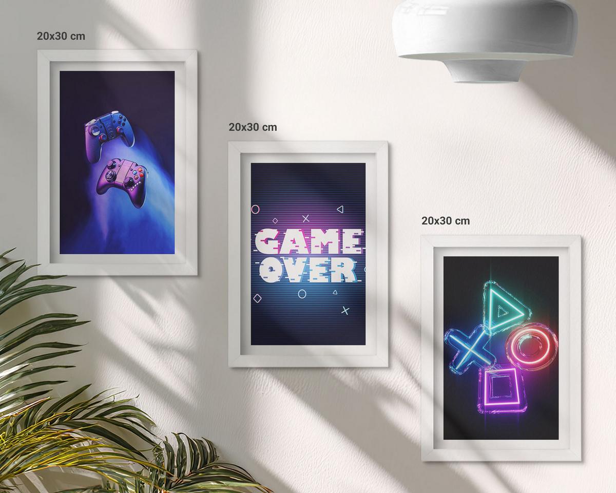 BILDER SET 3er Set - 20x30 cm Weißer Rahmen - Game Over Gamepads - Weiß, Kunststoff (20/30cm) - TULUP
