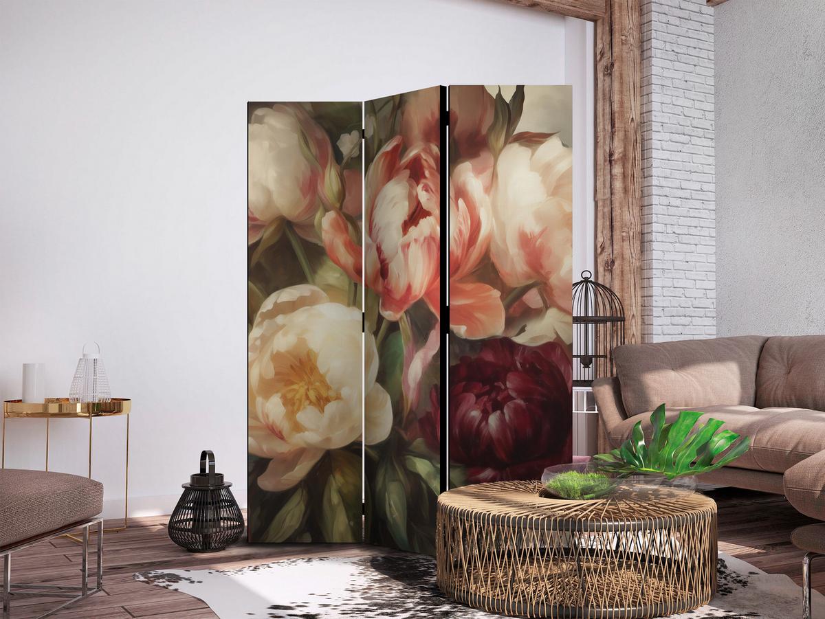 PARAVENT Beidseitig Bedruckter 3-tlg 135x172 cm Bl hende Pfingstrosen - Multicolor, Holz/Textil (135/172/3cm) - Muralo