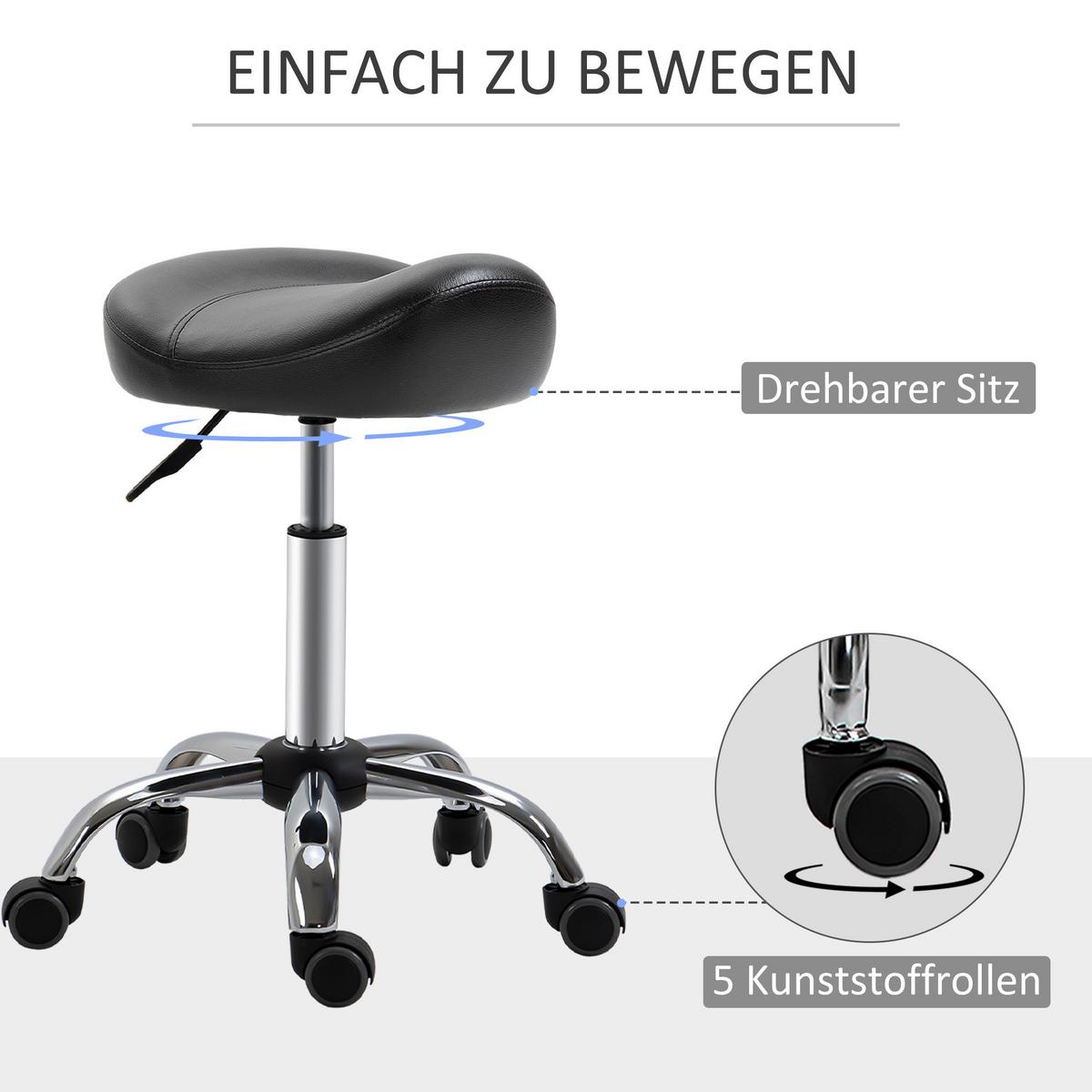 ROLLHOCKER Höhenverstellbarer Arbeitshocker mit Rädern für Massage Schwarz - Schwarz, Leder (48/71/48cm) - HOMCOM