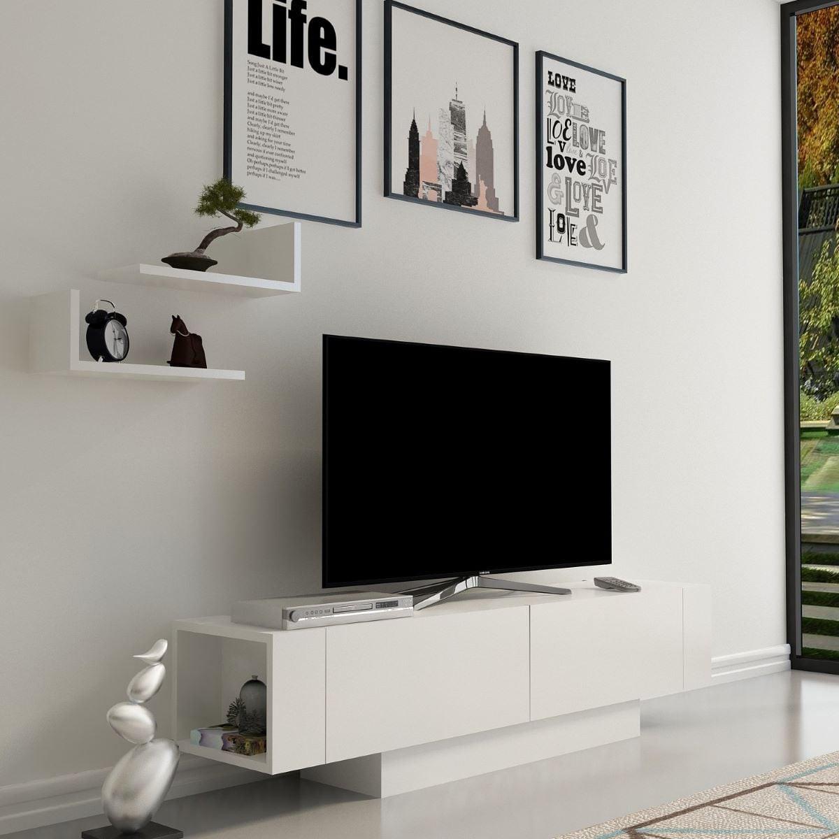 TV-MÖBEL mit 2 Türen und 2 weißen Wandregalen, Länge 150 cm - Matera - Weiß, Holzwerkstoff (31.5/41.6/10cm) - Calicosy