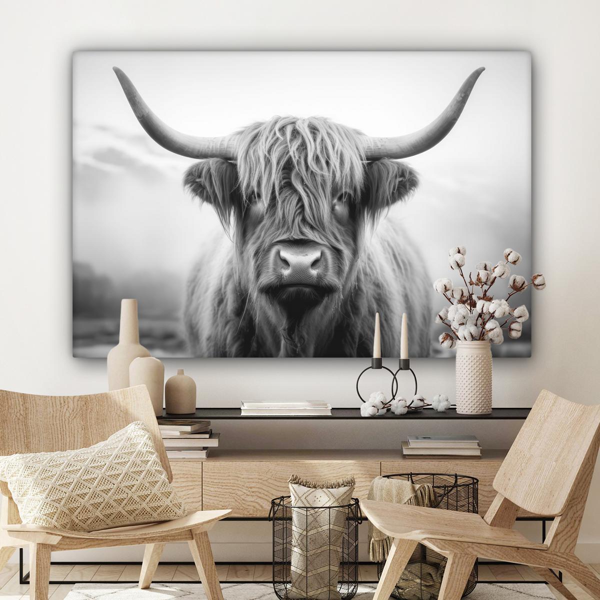 LEINWANDBILD Schottischer Highlander - Nebel - Schwarz - Weiß Wohnzimmer Groß 120x80 cm - Grau, Textil (120/80cm) - MuchoWow
