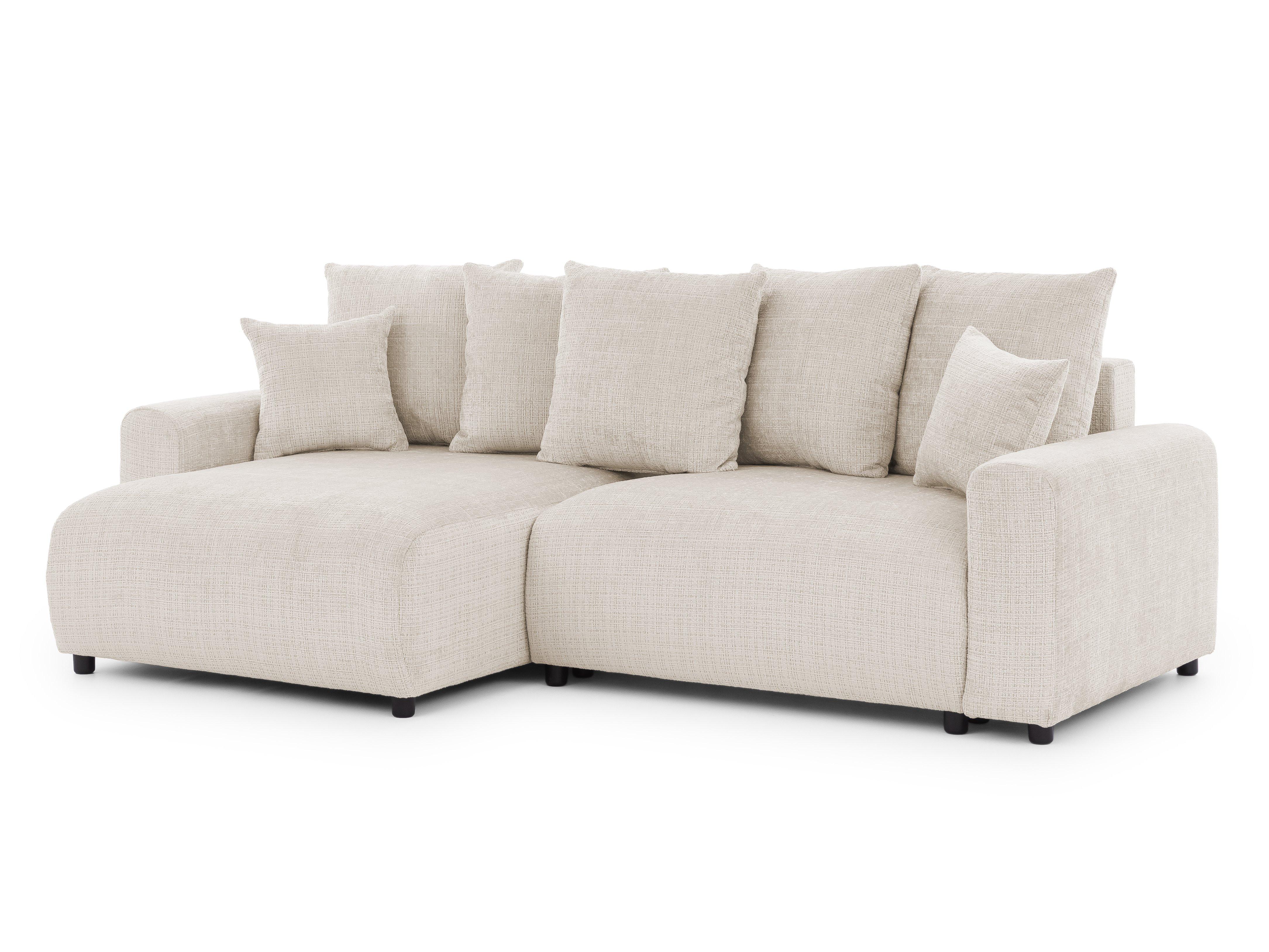 ECKSOFA Calma mit Schlaffunktion und Bettkasten im Bumpy-Design aus weichem Beige Chenille-Stoff - Ottomane links - Beige/Schwarz, Holz/Kunststoff (140/239cm) - S-Style Möbel