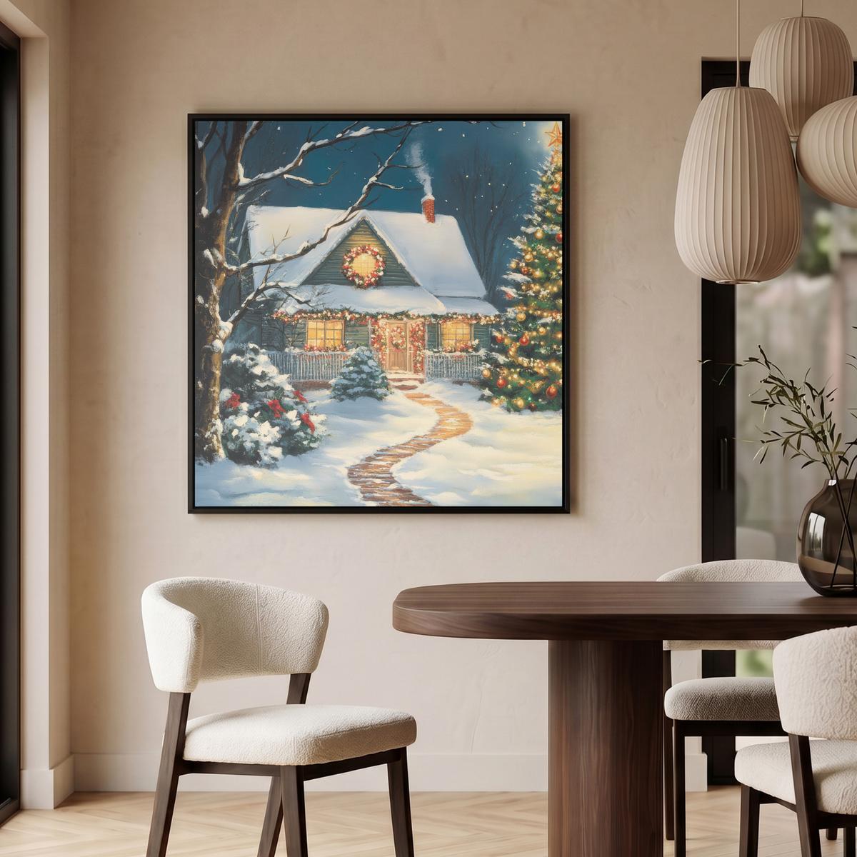 LEINWAND Bilder mit Rahmen - Weihnachten - Weihnachtsbaum - Winter - Zuhause - Schnee - 90x90 - Smaragdgrün, Textil (90/90cm) - MuchoWow