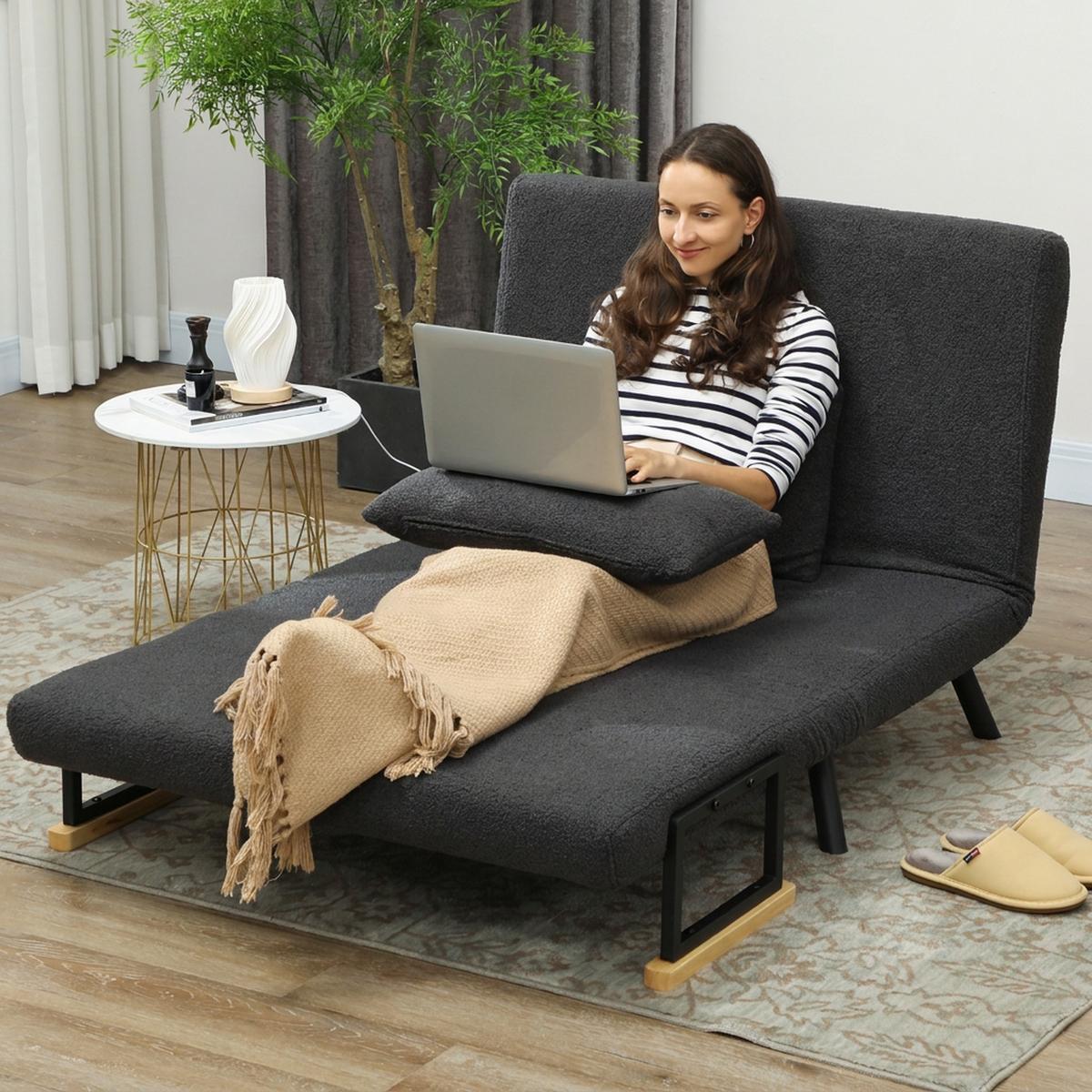 SCHLAFSOFA Stahl Polyester Dunkelgrau - Dunkelgrau/Beige, Holz/Textil (73/81/102cm) - HOMCOM