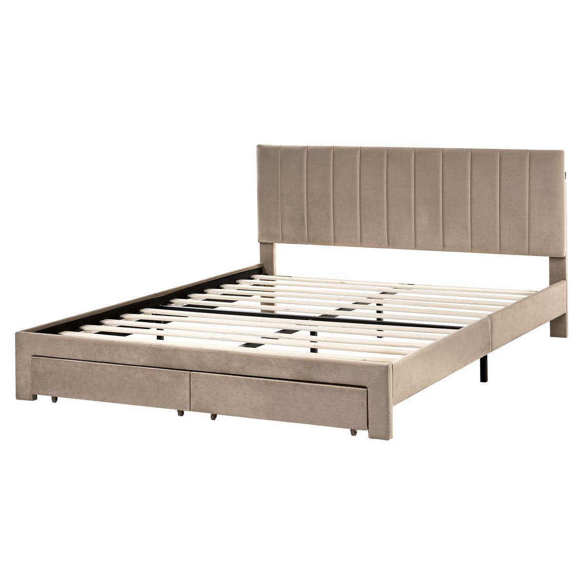 BETT mit Schubladen 160/200 cm Samtstoff Taupe Lonzac - Taupe, Textil (160/200cm) - Beliani