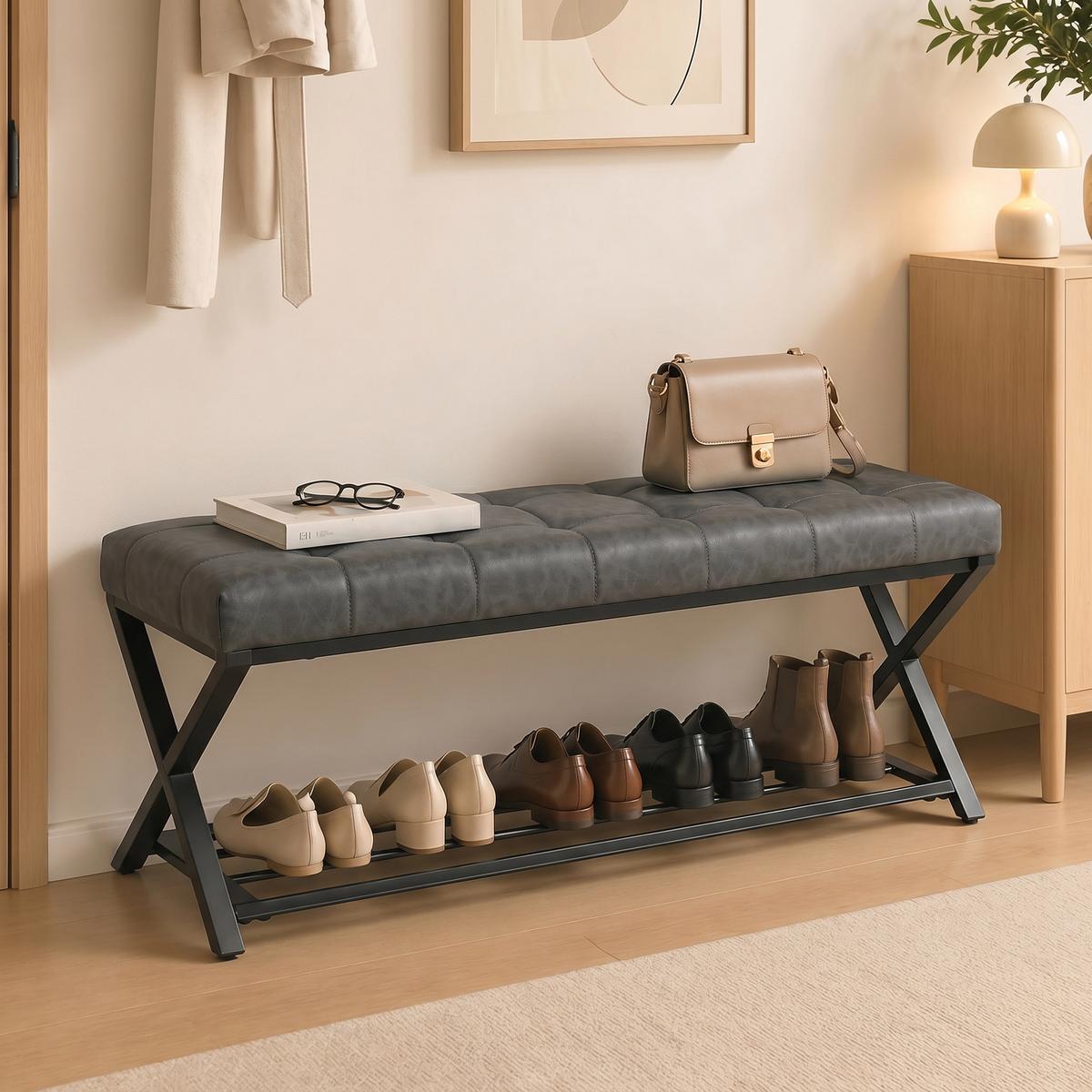 SCHUHBANK Kunstleder Kohlenstoffstahl Dunkelgrau - Dunkelgrau/Schwarz, Kunststoff/Textil (112/47/37cm) - HOMCOM
