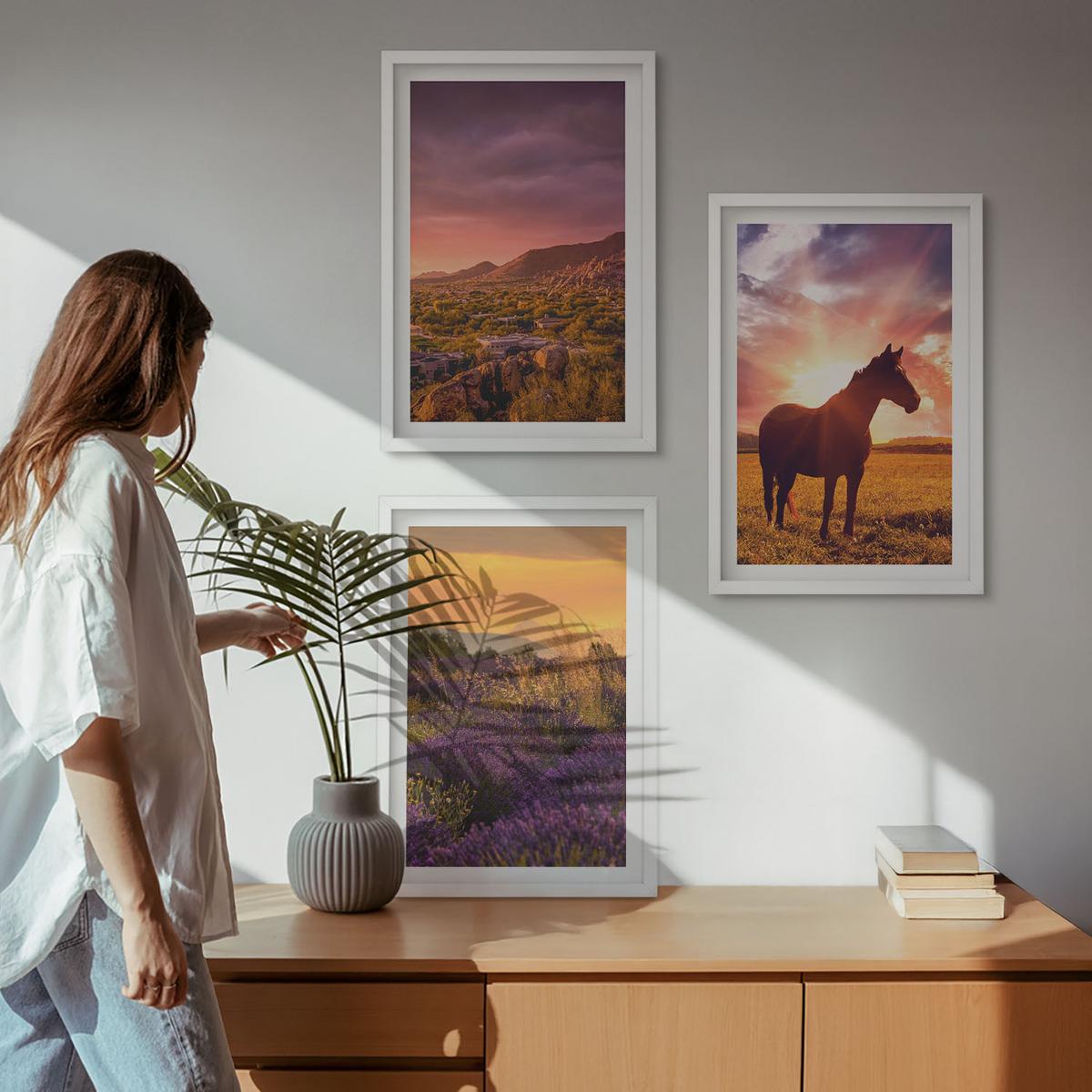 BILDER SET 3er Set - 40x60 cm Weißer Rahmen - Berglandschaft mit einem Pferd - Weiß, Kunststoff (40/60cm) - TULUP