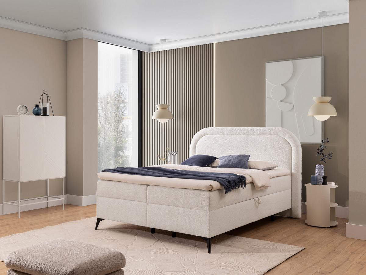 BOXBETT Sonna 180/200 cm Weiß Bouclé-Stoff mit abgerundetem Kopfteil und mit schwarzen Metallfüßen - Schwarz/Weiß, Holz/Textil (180/200cm) - S-Style Möbel