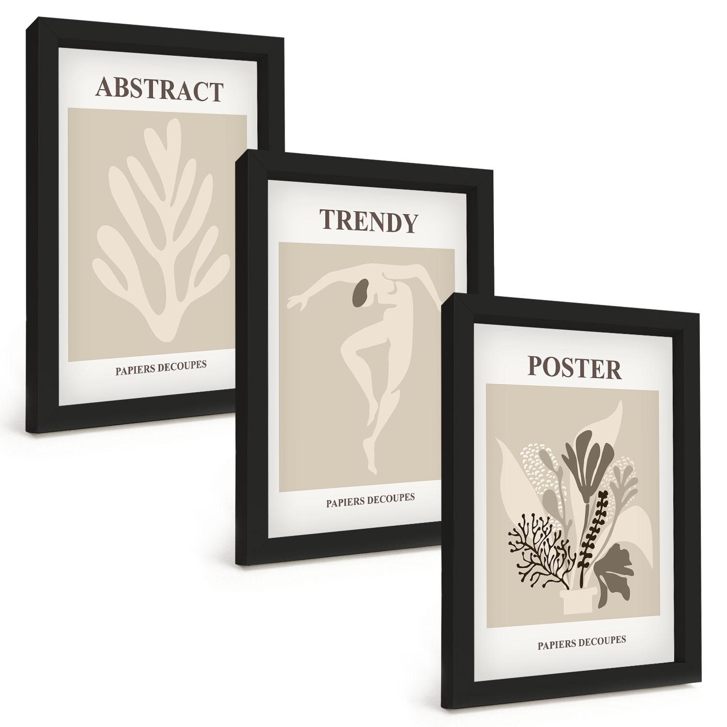 BILDER SET 3er Set - 20x30 cm Schwarzer Rahmen - Blumenmuster beige braun - Schwarz, Kunststoff (20/30cm) - TULUP