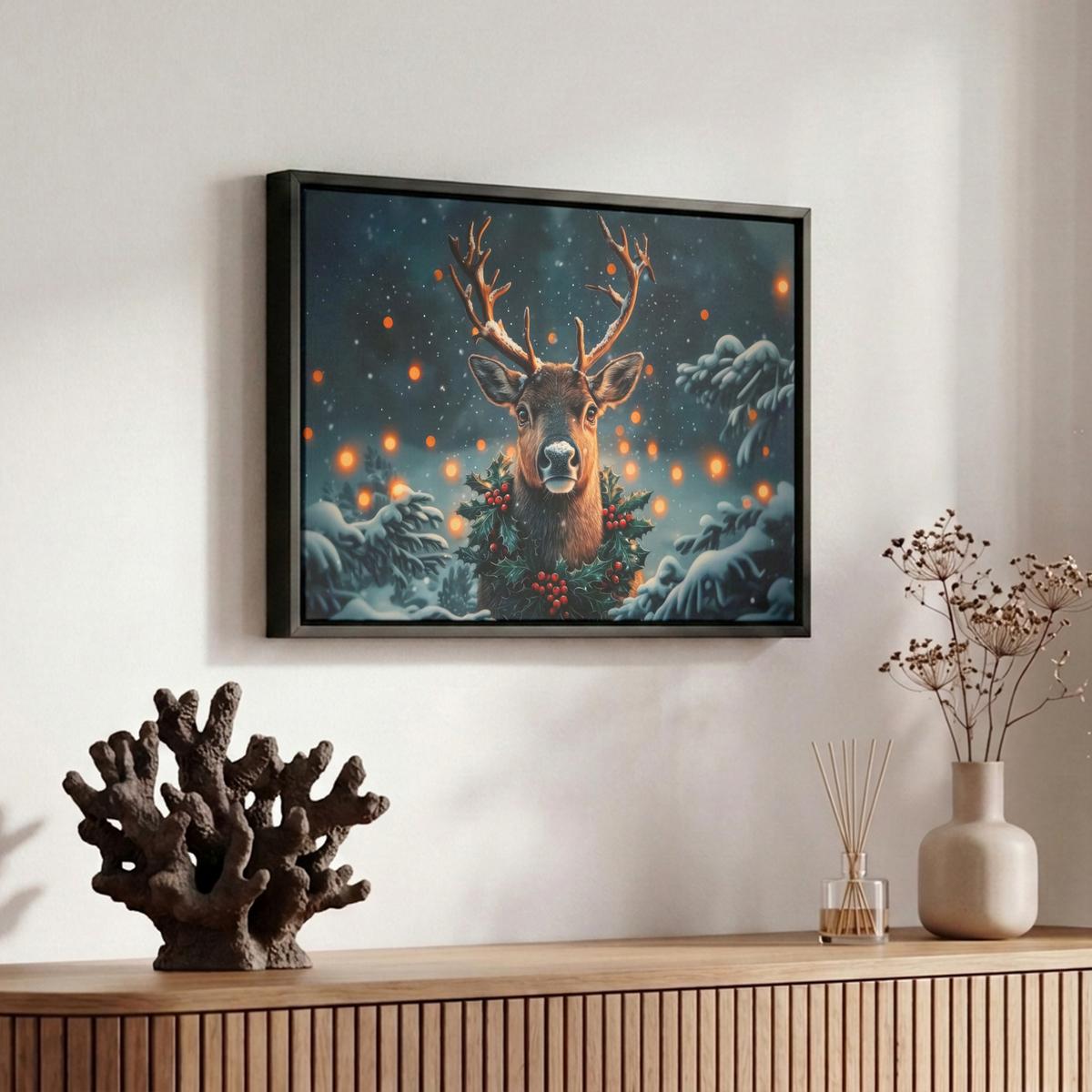 LEINWAND Bilder mit Rahmen - Hirsch - Weihnachten - Winter - Schnee - Weihnachtskranz - 30x20 - Dunkelbraun, Textil (30/20cm) - MuchoWow