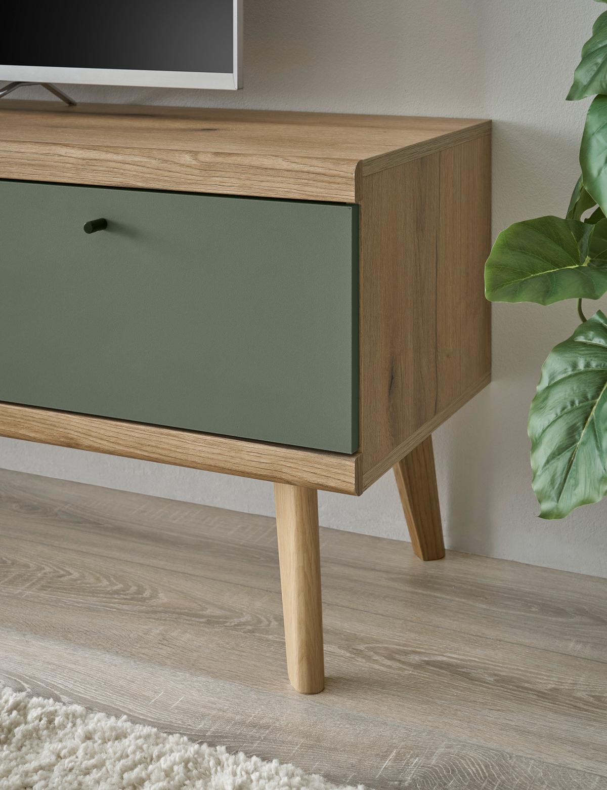 WOHNWAND 4-teilig salbei grün, Evoke Eiche, skandinavisch 324 cm, Wohnkombination - Salbeigrün/Eichefarben, Glas/Eichenholz (324/160/40cm) - Furn.Design