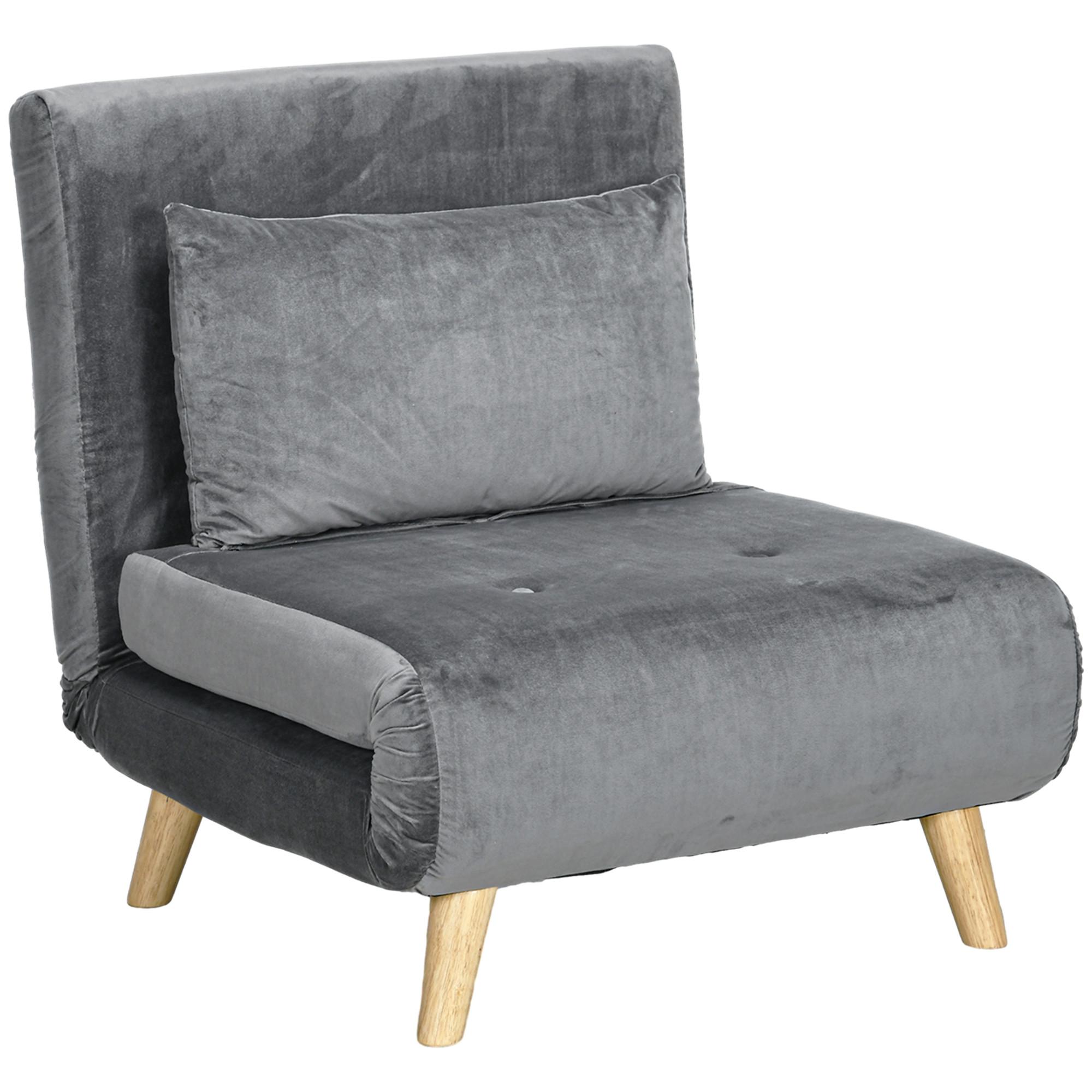 SCHLAFSESSEL, Klappsessel mit Bettfunktion, Schlafsofa mit Kissen, Samt, Grau - Naturfarben/Grau, Holz/Textil (78/79/72cm) - HOMCOM