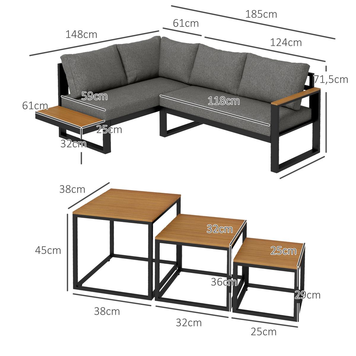 GARTENMÖBEL-SET, mit Ecksofa, Couchtisch, mit Sitzkissen, Aluminium, Kunststoff, Grau - Dunkelgrau, Metall - Outsunny