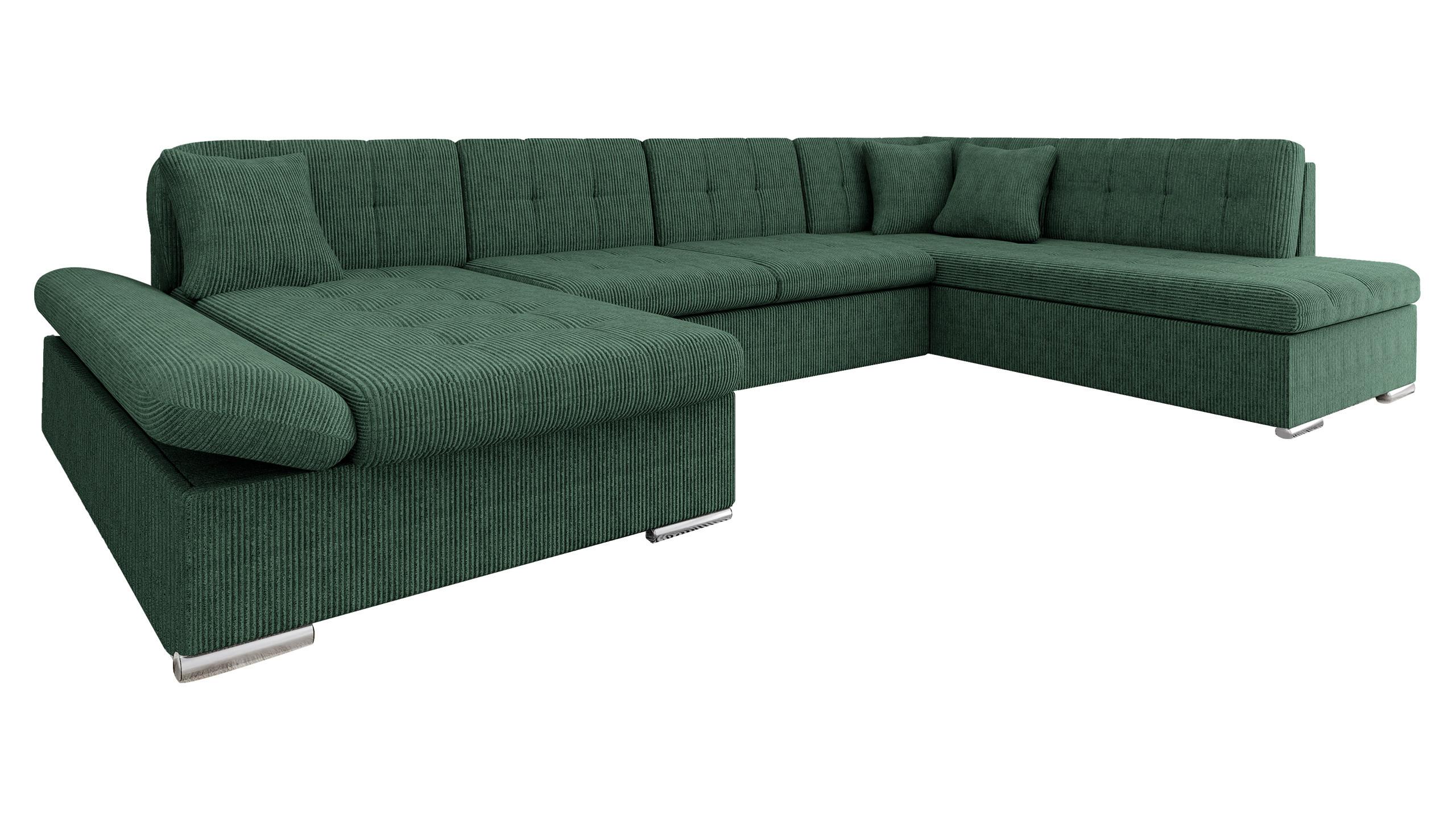 WOHNLANDSCHAFT Bergen Cord, Seite: Links - Dunkelgrün/Silberfarben, Holz/Textil (345/76/205cm) - MIRJAN24