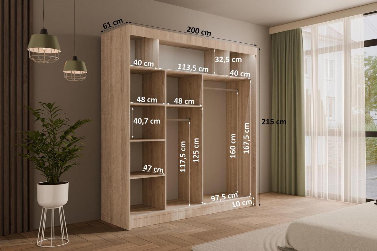 KLEIDERSCHRANK PEKA mit LED - 200 cm - Sonoma Eiche|Weiß - Weiß/Sonoma Eiche, Holzwerkstoff (200/215/61cm) - ALTDECOR