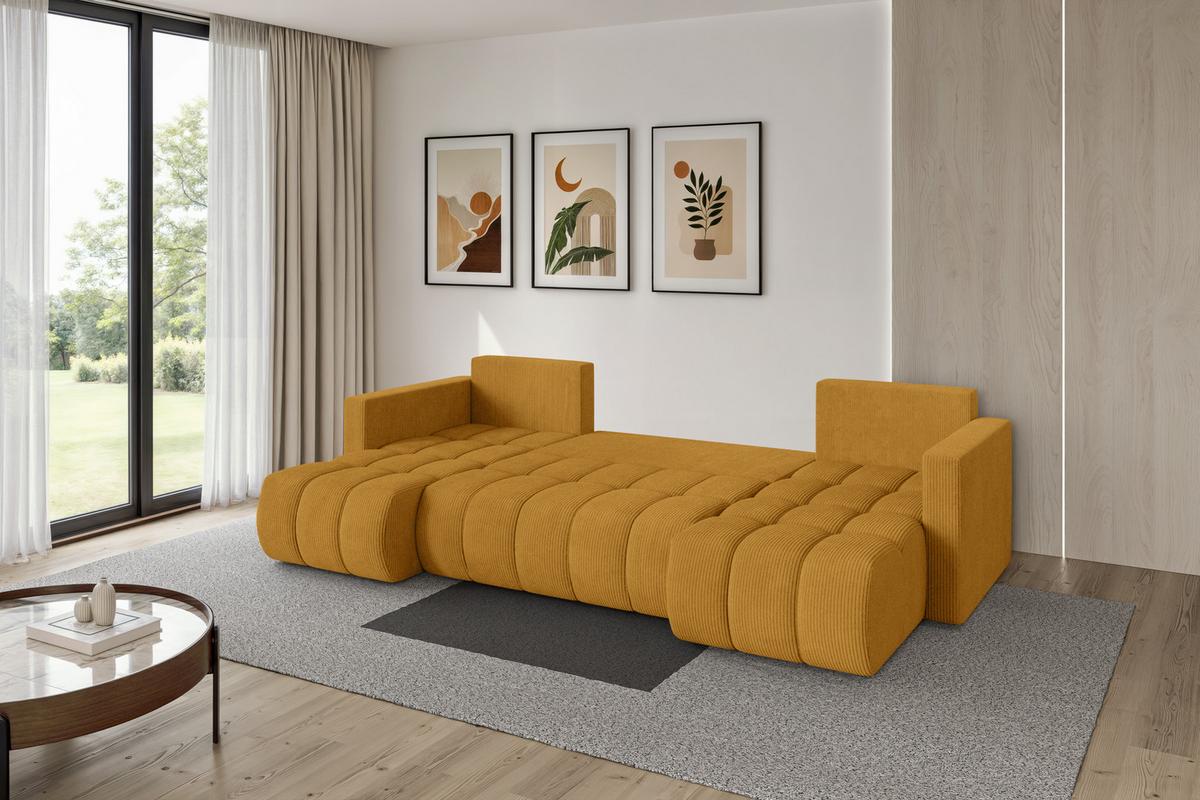 WOHNLANDSCHAFT mit Schlaffunktion und Bettkasten GARD-U 300x146x85 Senfgelb Cord - Dunkelgelb/Schwarz, Holzwerkstoff/Kunststoff (300/85/146cm) - ALTDECOR