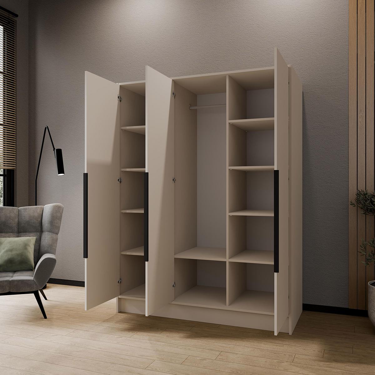 DREHTÜRENSCHRANK Laro mit Spiegel, Kaschmir mit mit schwarzen Griffen, 150 cm - Kaschmir, Holzwerkstoff (150/200/51cm) - Beautysofa