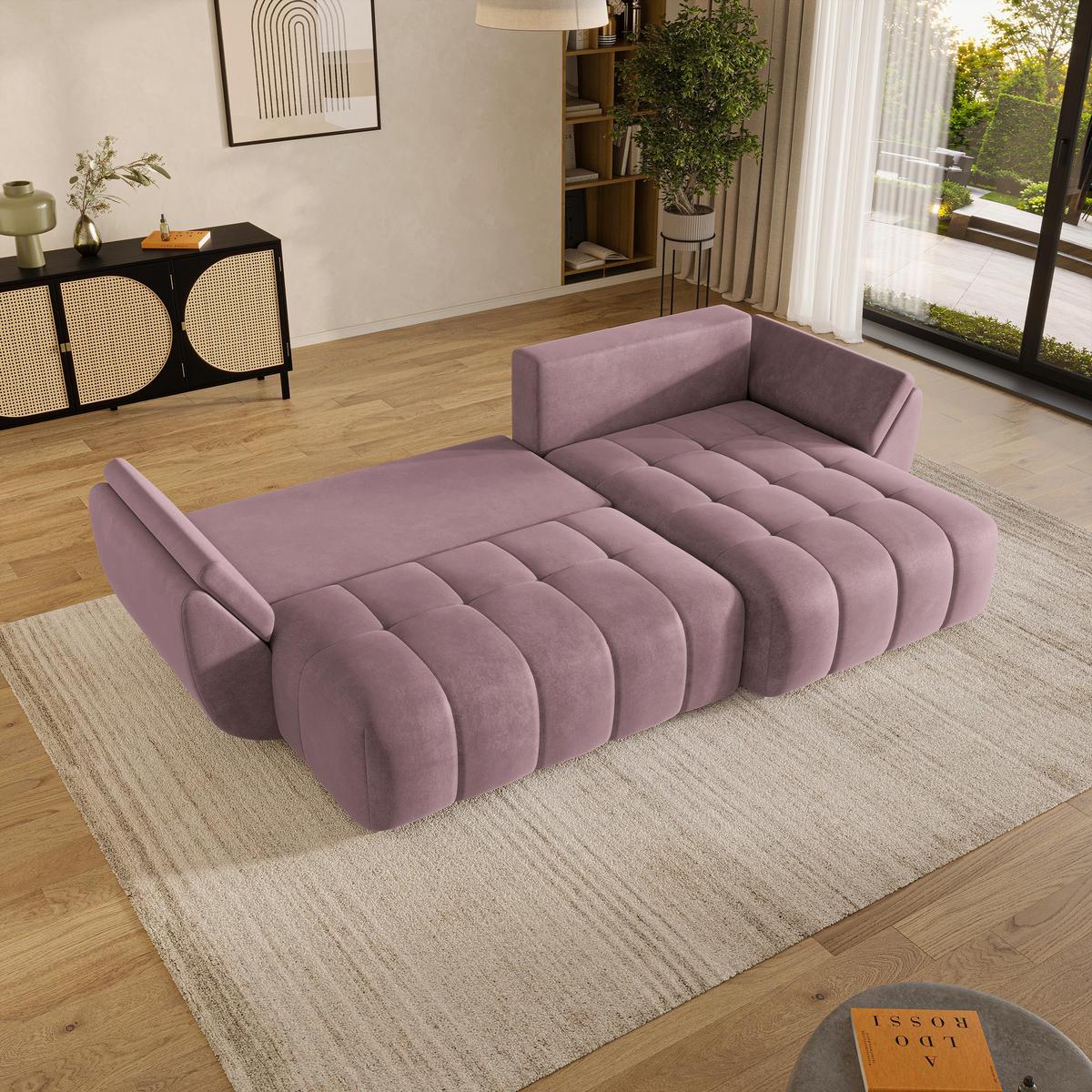 ECKSOFA OLSI Lila Velours-Stoff mit Schlaffunktion - Lila, Holz (285/148cm) - MASSENO