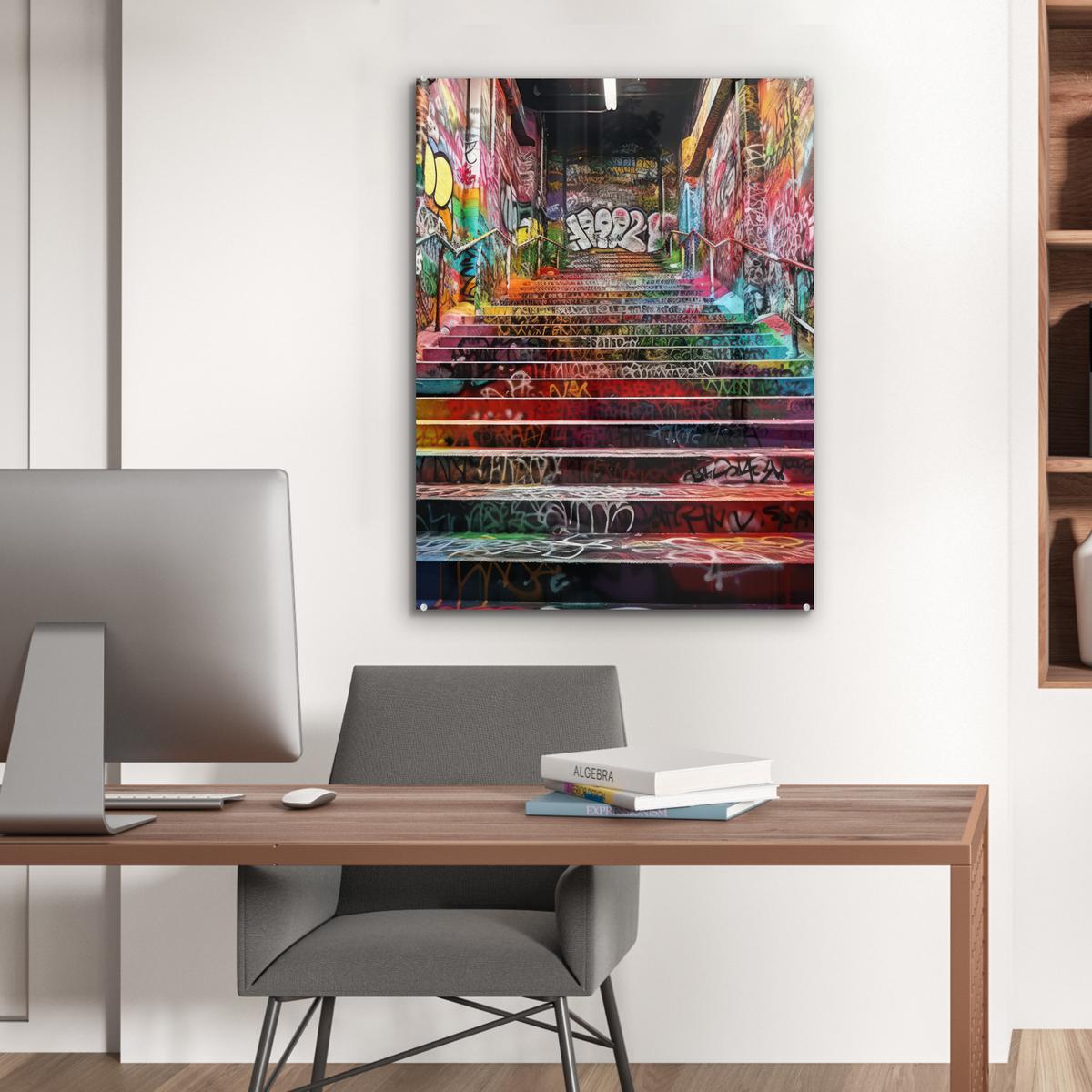 ACRYLGLASBILD Treppe - Graffiti - Farben - Kunst 60x80 cm - Multicolor, Glas (60/80cm) - MuchoWow