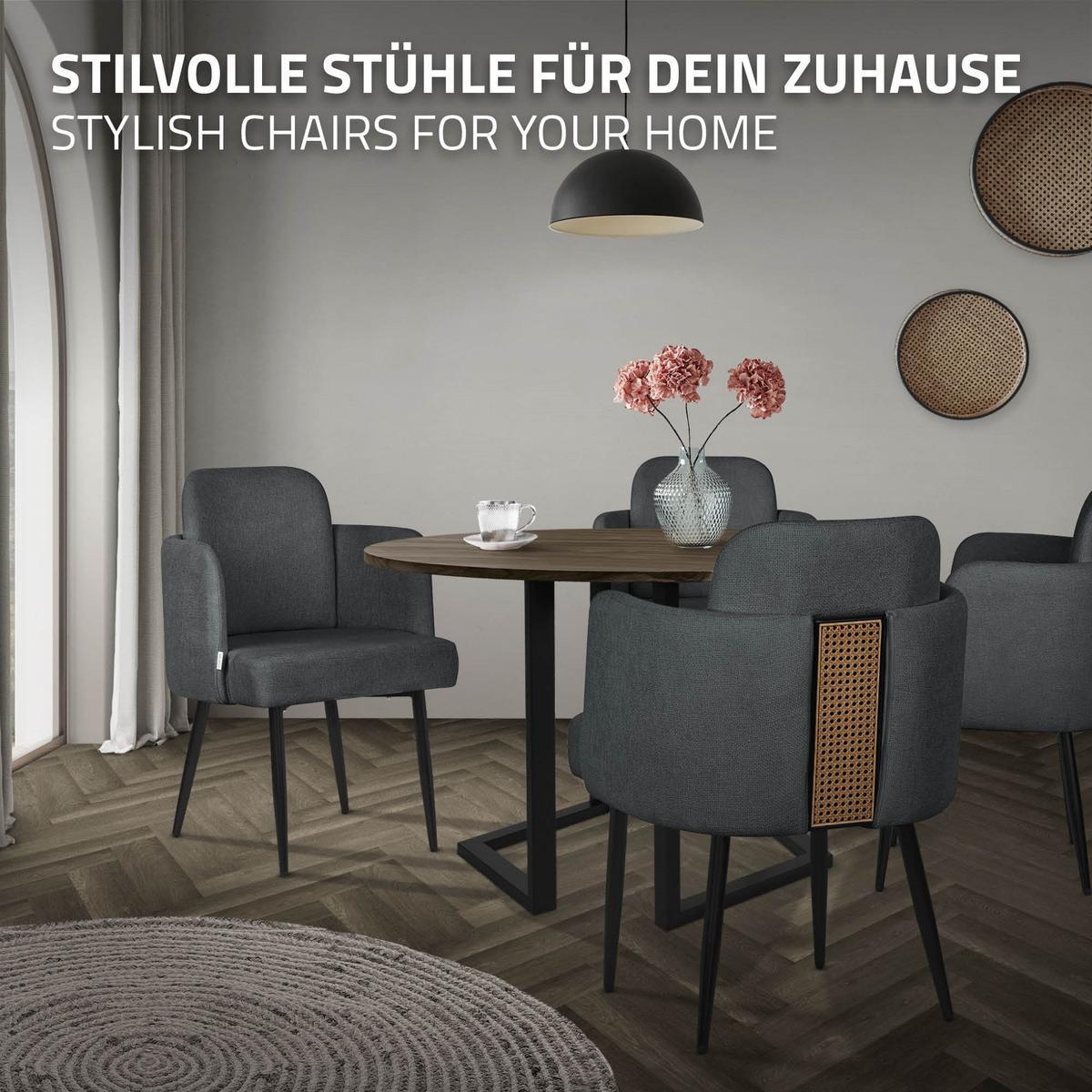 ESSZIMMERSTÜHLE 2er Set Anthrazit mit Stoffbezug Rattan Optik - Anthrazit/Schwarz, Textil/Metall (59/86/59cm) - ML-DESIGN