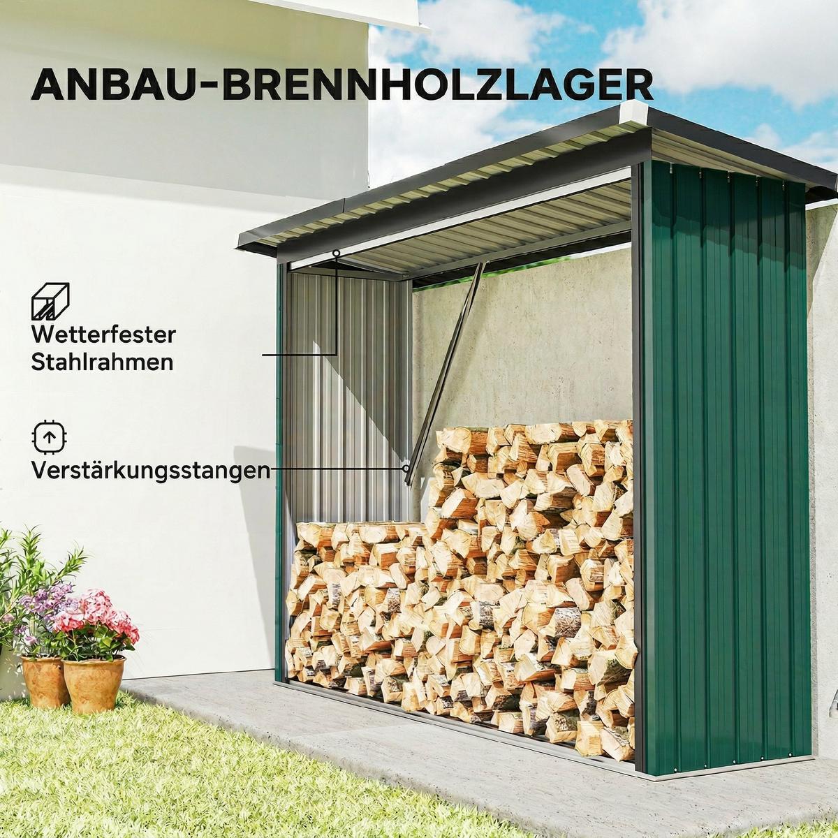 KAMINHOLZREGAL Verzinkter-Stahl Grün - Grün, Metall (66.5/150/213cm) - Outsunny
