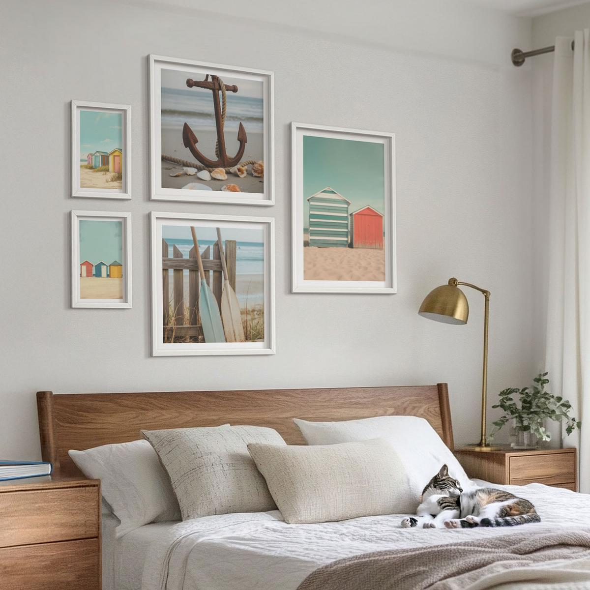 BILDER SET 5er Set - 50x50 cm & 20x30 cm & 40x60 cm Weißer Rahmen - Bunte Häuser, Strand, Sonne - Weiß, Kunststoff (40/60cm) - TULUP