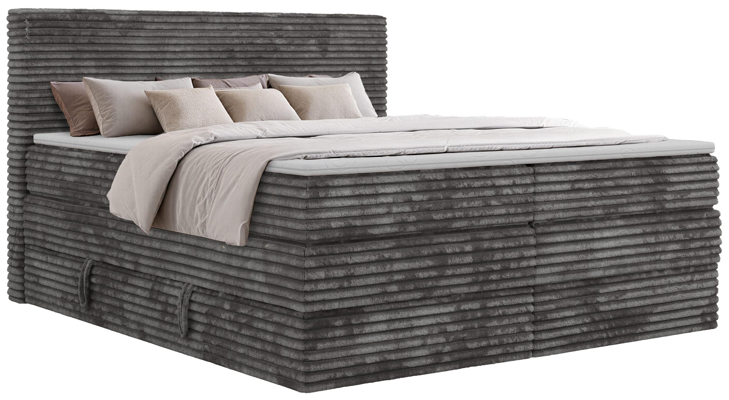 BOXSPRINGBETT TILION KING 160/200 - Grau Cord - Topper Visco - H3 - Schwarz/Grau, Kunststoff/Textil (160/200cm) - MKS