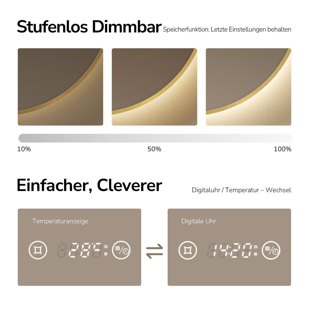 BADSPIEGEL mit LED-Beleuchtung Anti-Beschlag Zeitanzeige Goldfarben Ø 60 cm - Goldfarben, Glas (60/3/3cm) - EMKE