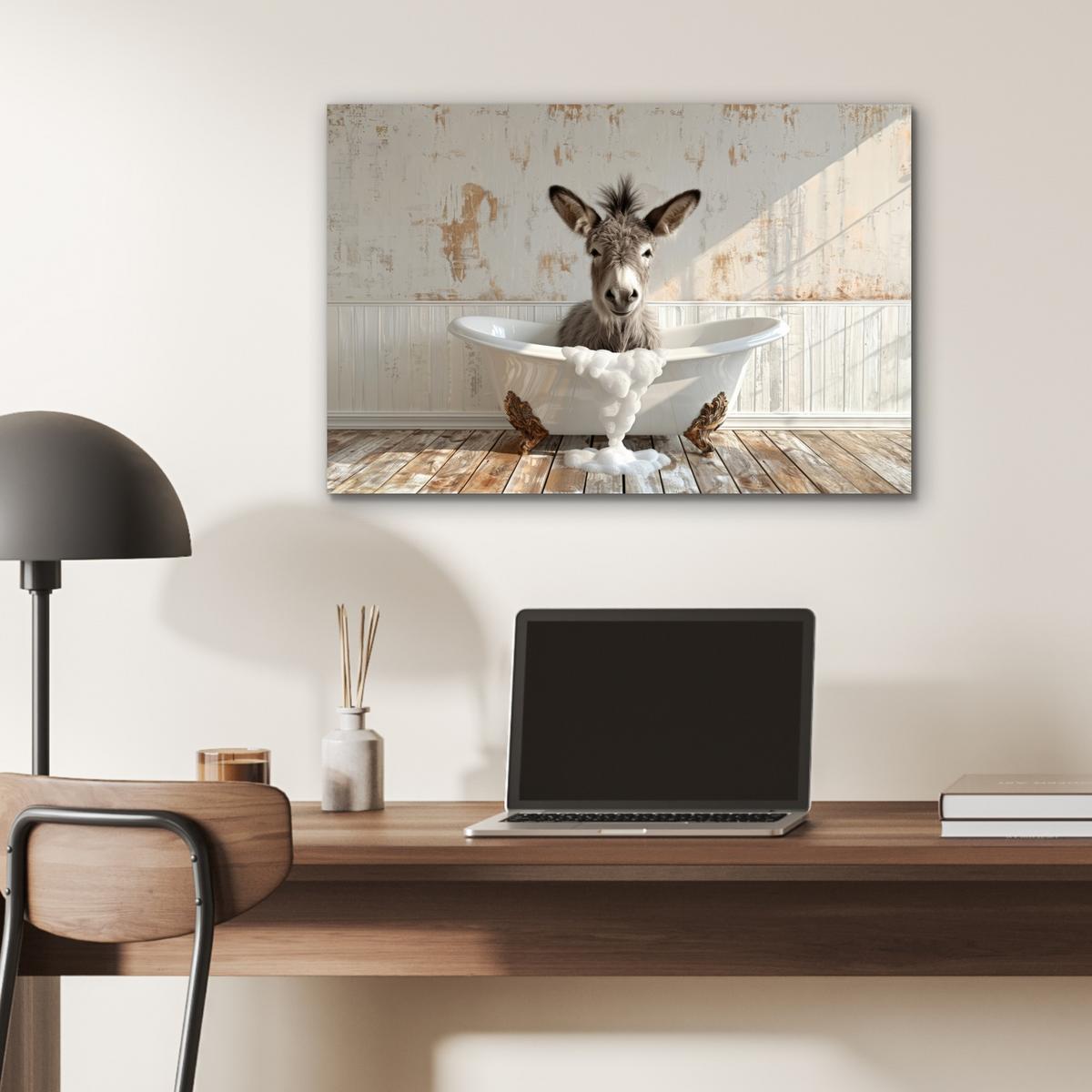 METALLBILD Esel - Tiere - Badewanne - Schaumstoff Wandbild 60x40 cm - Weiß, Metall (60/40cm) - MuchoWow