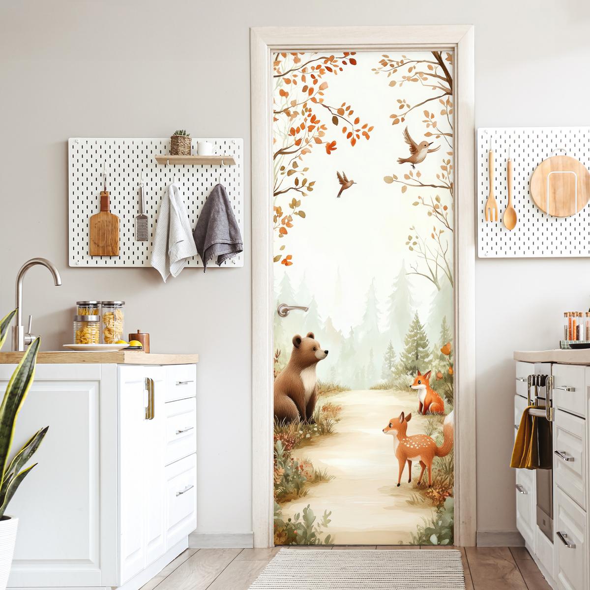 TÜRAUFKLEBER Wald - Herbst - Waldtiere - Bär - Fuchs 90x235 cm - Türtapete - Kastanienfarben, Kunststoff (90/0.1cm) - MuchoWow