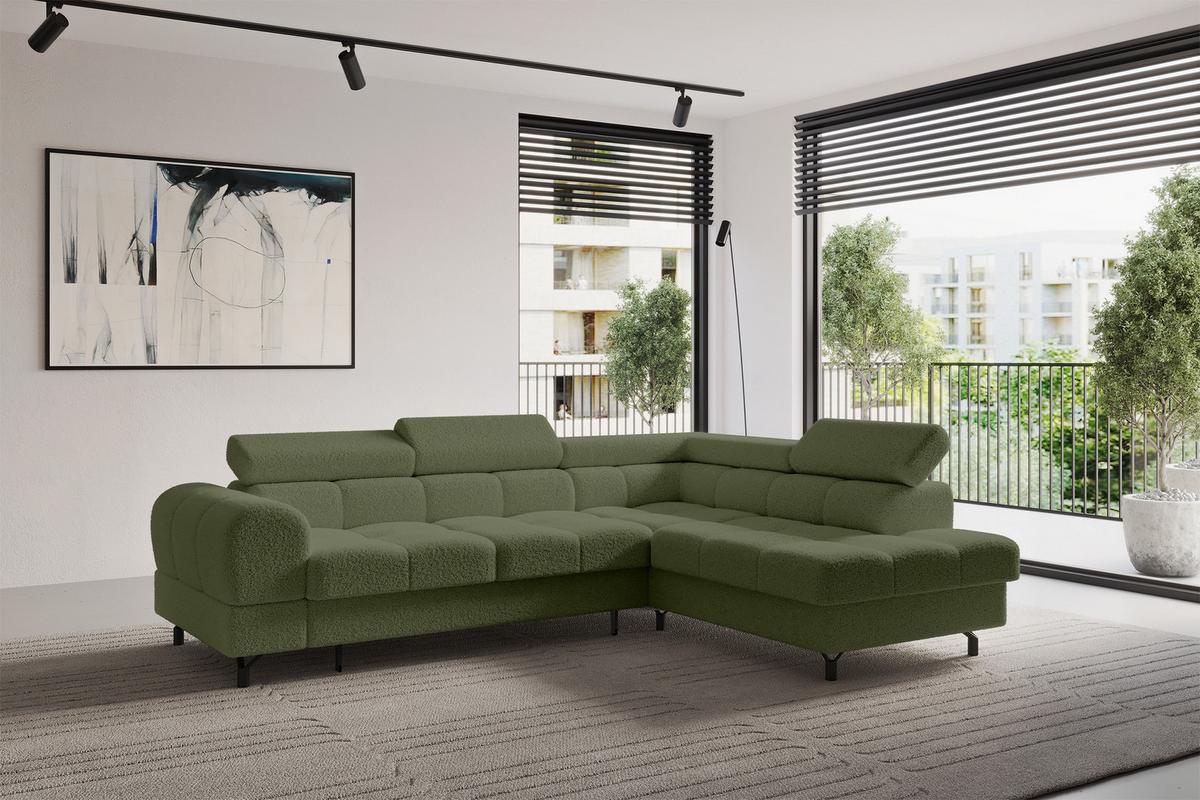 ECKSOFA mit Schlaffunktion Ottomane Rechts LUMA-L 272x203x70 Grün Bouclé - Schwarz/Grün, Holzwerkstoff/Kunststoff (203/272cm) - ALTDECOR