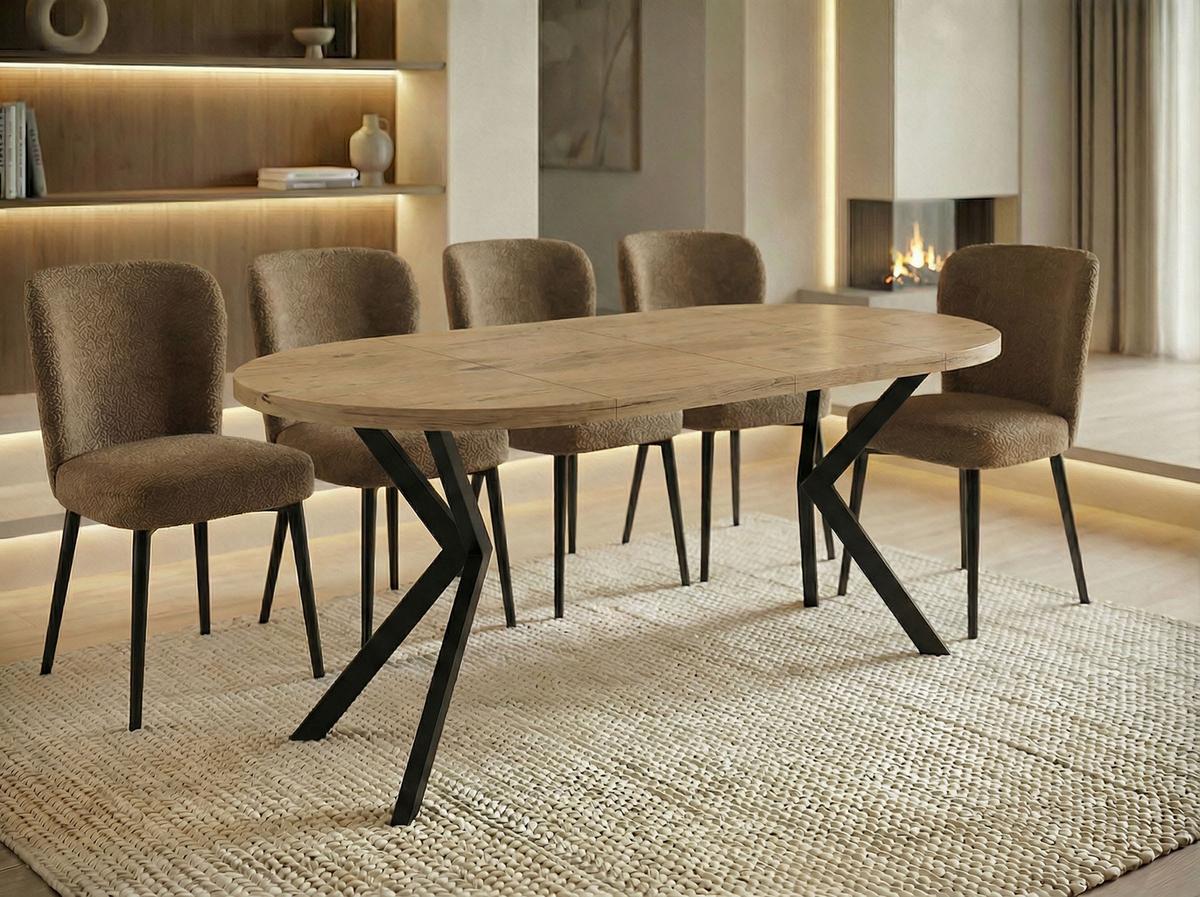 ESSTISCH Valeo runder ausziehbarer, Lancelot Eiche 120-200/120/76 cm - Eichefarben/Schwarz, Holzwerkstoff/Metall (200/120/76cm) - WFL GROUP