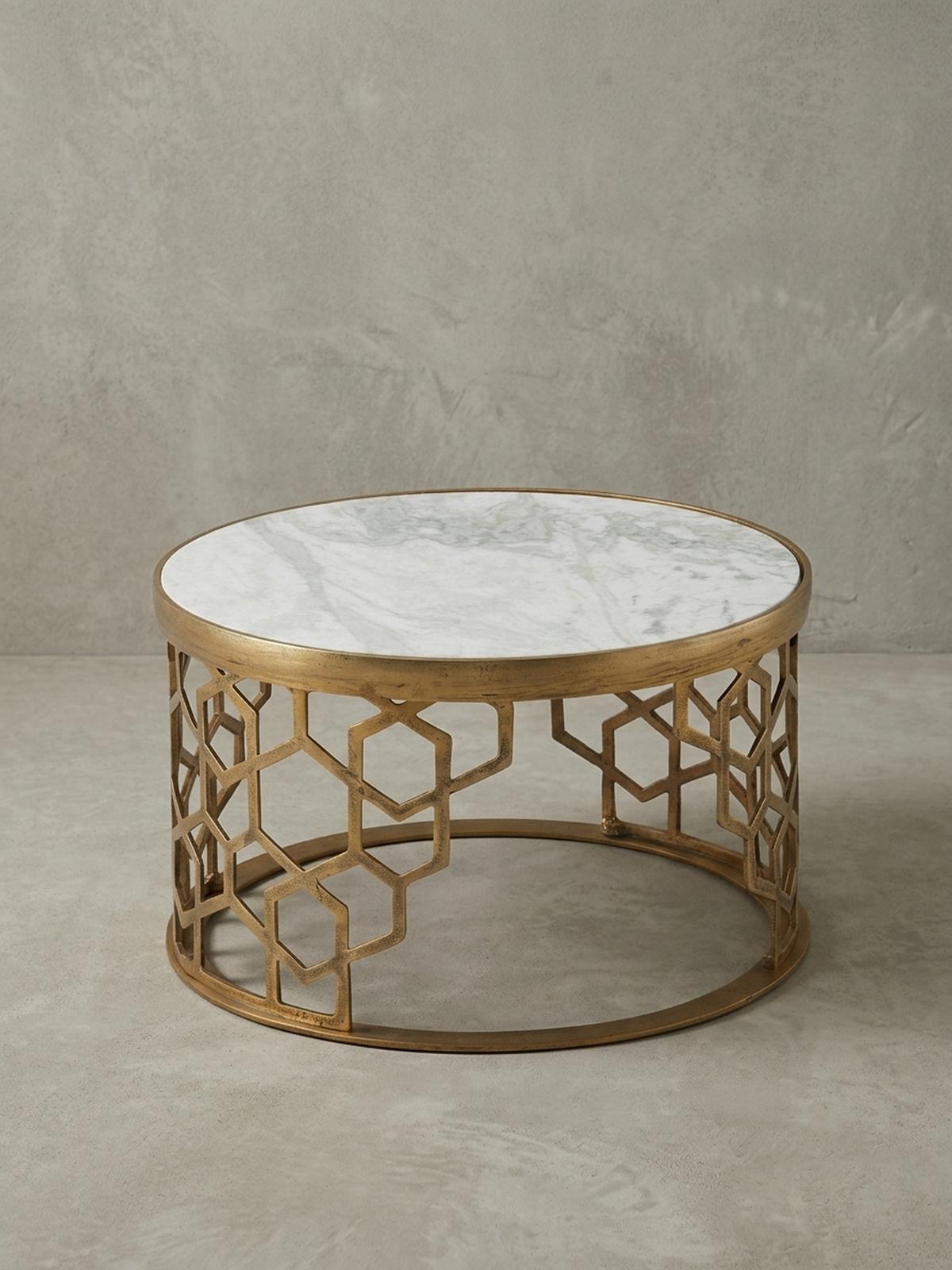 COUCHTISCH Weiß Marmor und Metall, Rund, Maße 60x60x36 cm, Modernes Design - Goldfarben/Weiß, Stein/Metall (60/60/36cm) - KADIMA DESIGN