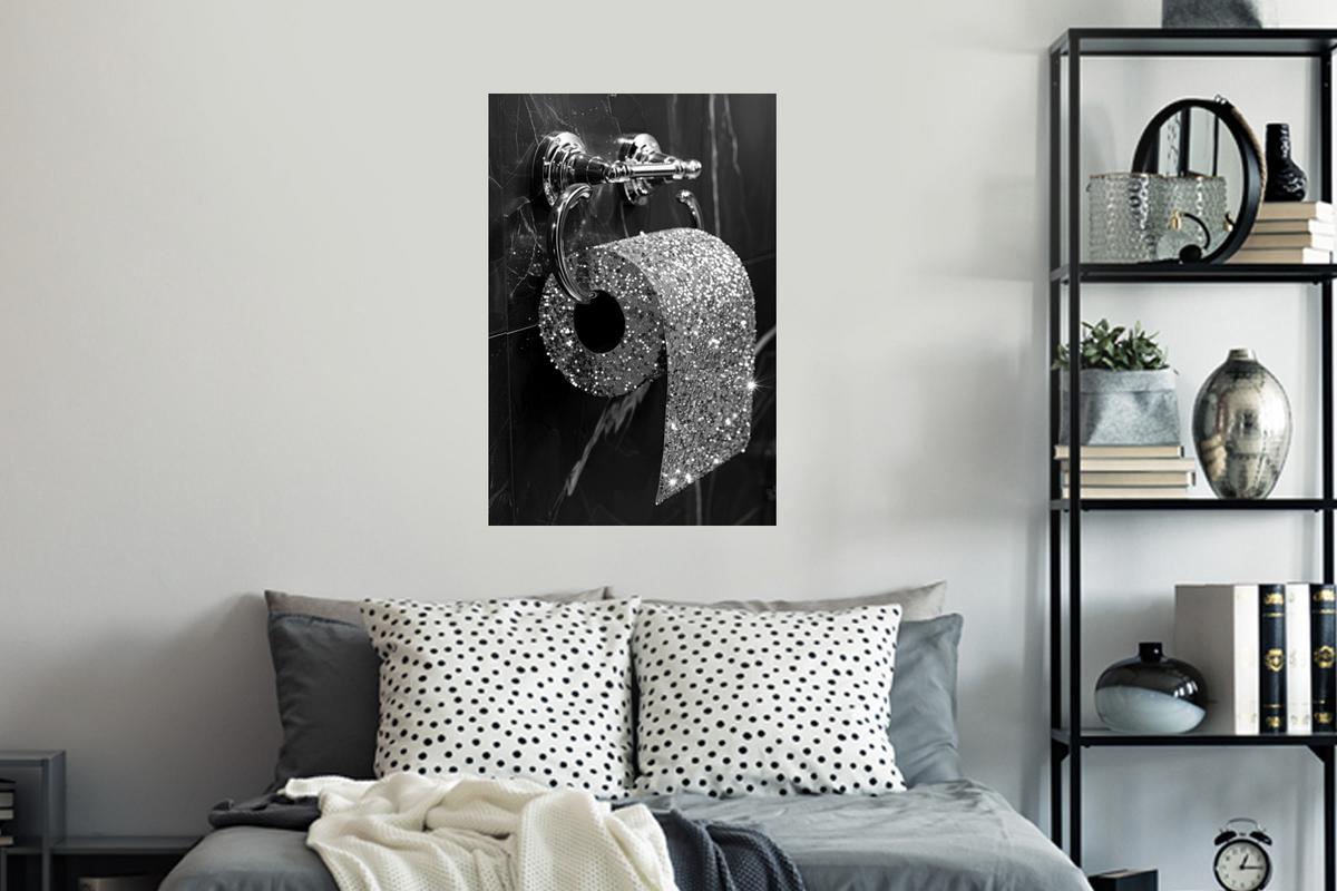 WANDTATTOO WC - Toilettenpapier - Schwarz und weiß - Glitter Wandbild 40x60 cm - Silberfarben, Kunststoff (40/60/0.1cm) - MuchoWow