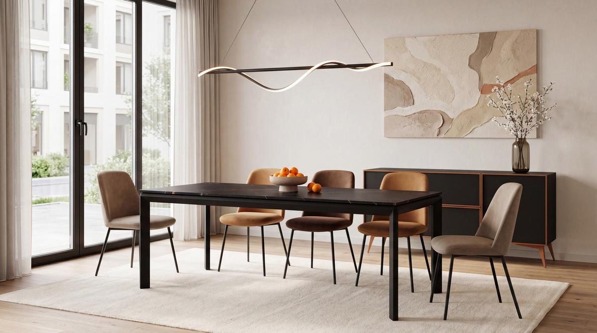 ESSTISCH Elan rechteckig ausziehbar verlängerbar mit Schwarzen Metallbeinen, Schwarz Marmor Kupfer 160-250/90/76 cm - Schwarz/Kupferfarben, Holzwerkstoff/Metall (90/250/76cm) - WFL GROUP