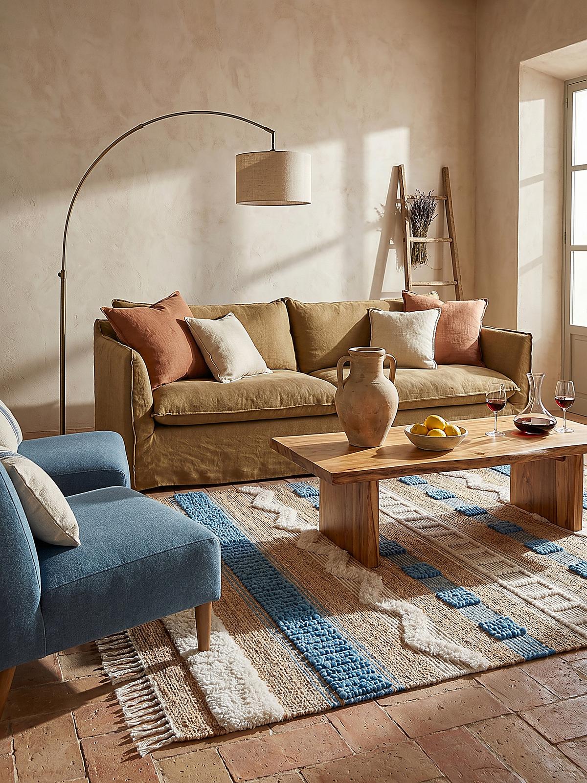 JUTETEPPICH handgewebt mit Fransen WHARFE, im Ethno-Stil, Natur-Blau, 120 x 170 cm - Blau, Textil (170/120cm) - KADIMA DESIGN