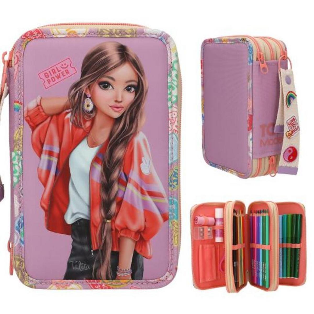 3-FACH FEDERTASCHE MIT ANHÄNGER GIRL POWER INKL. STIFTE TOPModel violett 7,5 x 13 x 20 cm - Violett, Kunststoff (13/20/7.5cm) - Depesche Germany